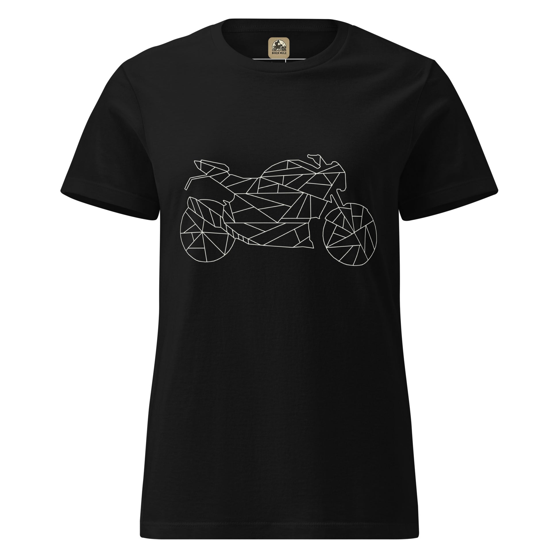 Black women motorcycle t-shirt from The Biker Mule featuring a geometric motorcycle design