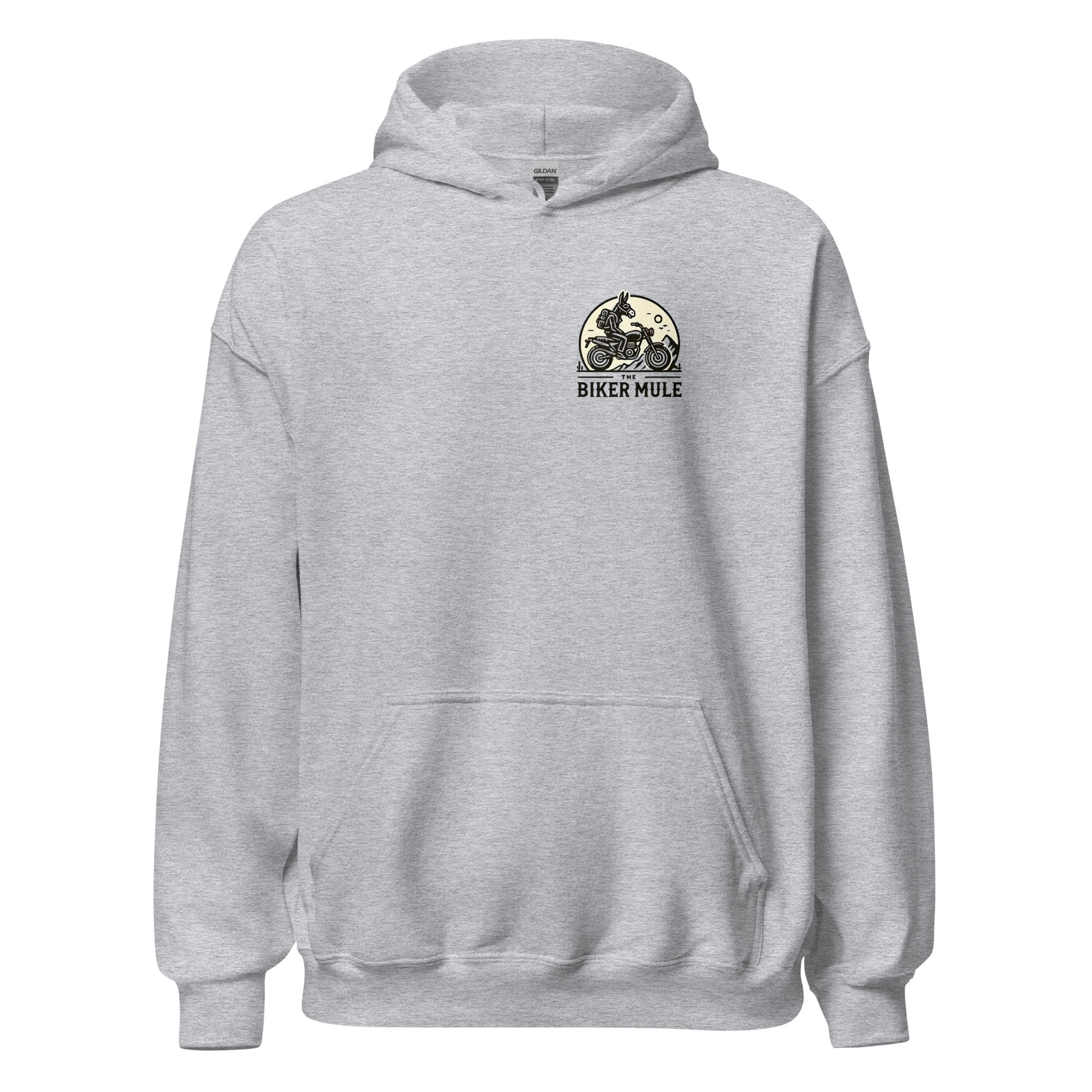 The Biker Mule gray hoodie with motorcycle graphic logo perfect for motorcycle enthusiast merchandise
