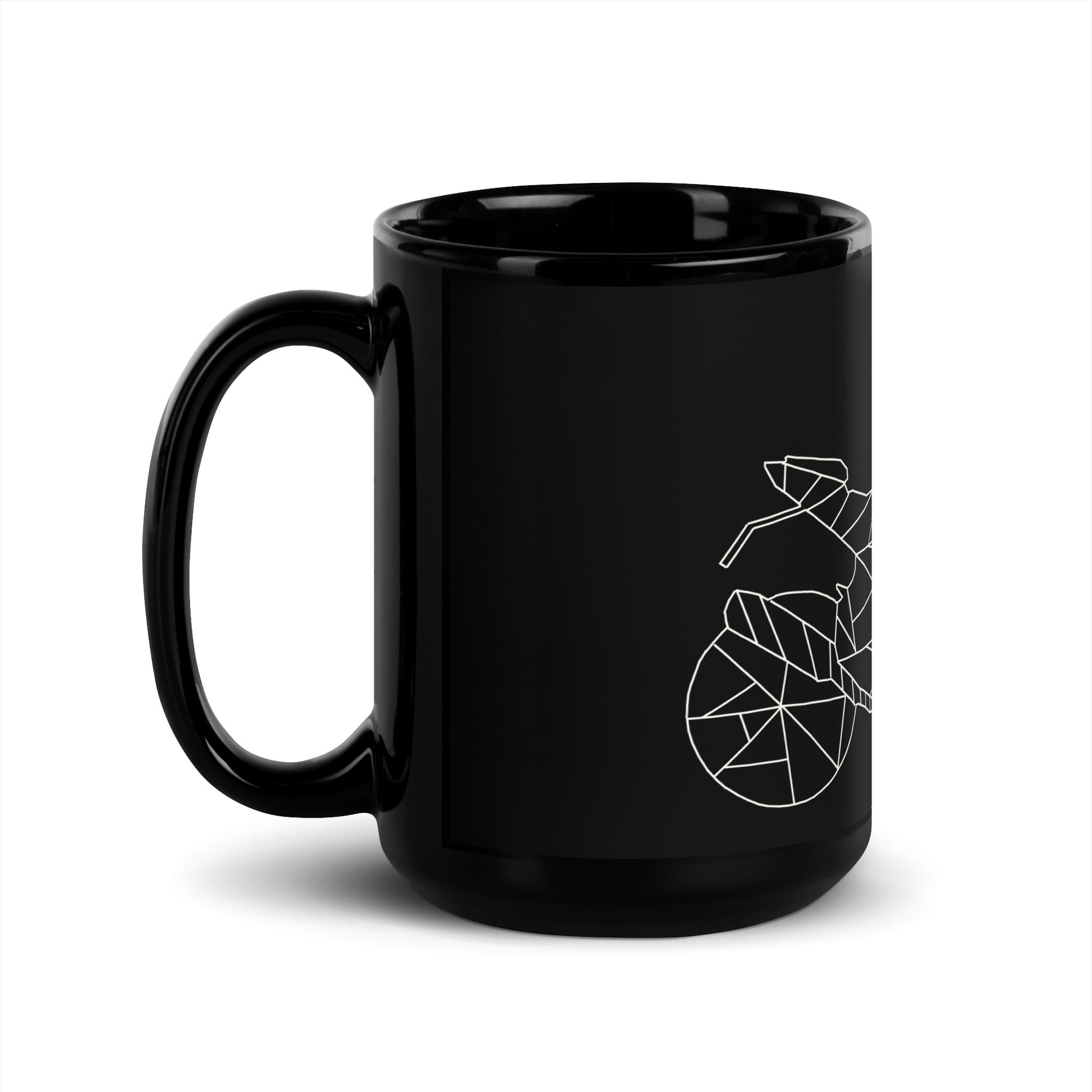 Black ceramic biker gift mug with a white geometric motorcycle design on the side