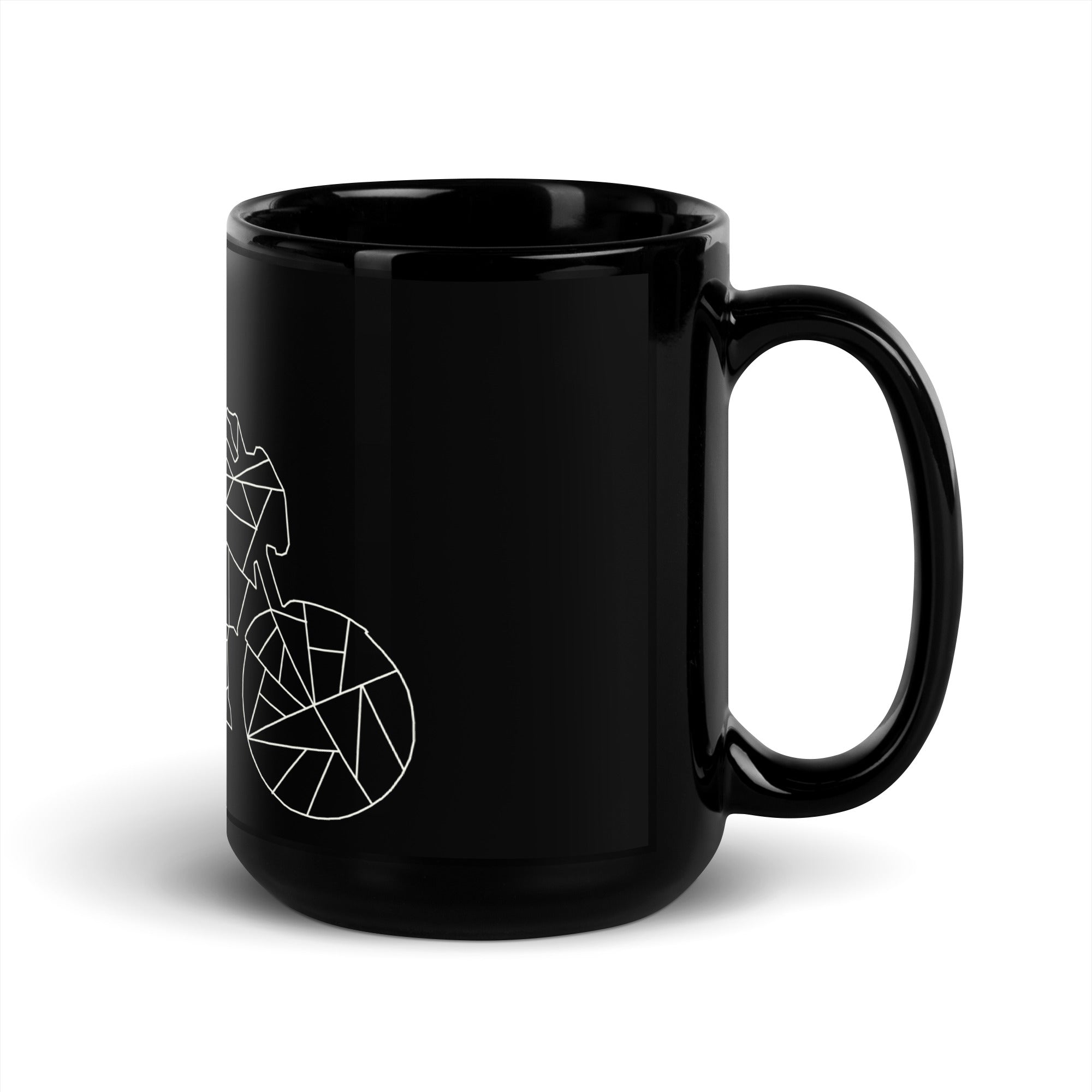 Black ceramic biker gift mug with white geometric bicycle design and large handle