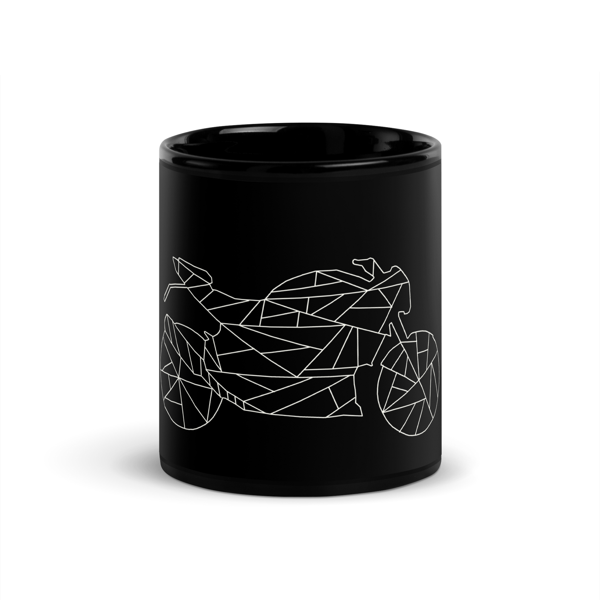 Black ceramic biker gift mug with geometric motorcycle design in white lines
