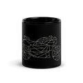Black ceramic biker gift mug with white geometric motorcycle design from The Biker Mule