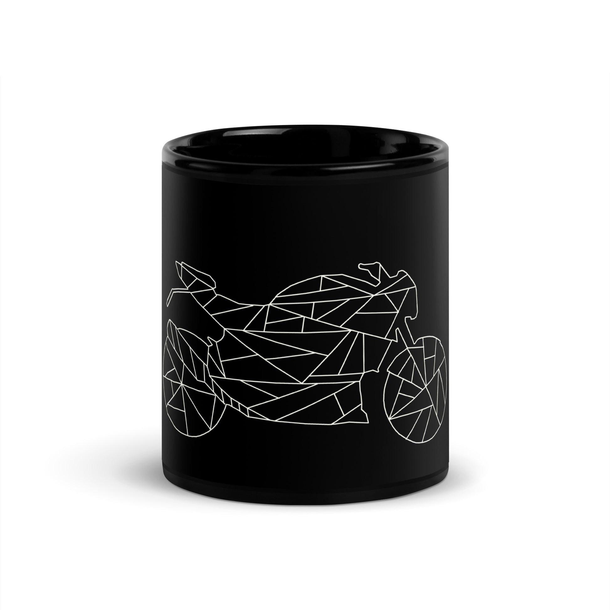 Black ceramic biker gift mug with white geometric motorcycle design from The Biker Mule