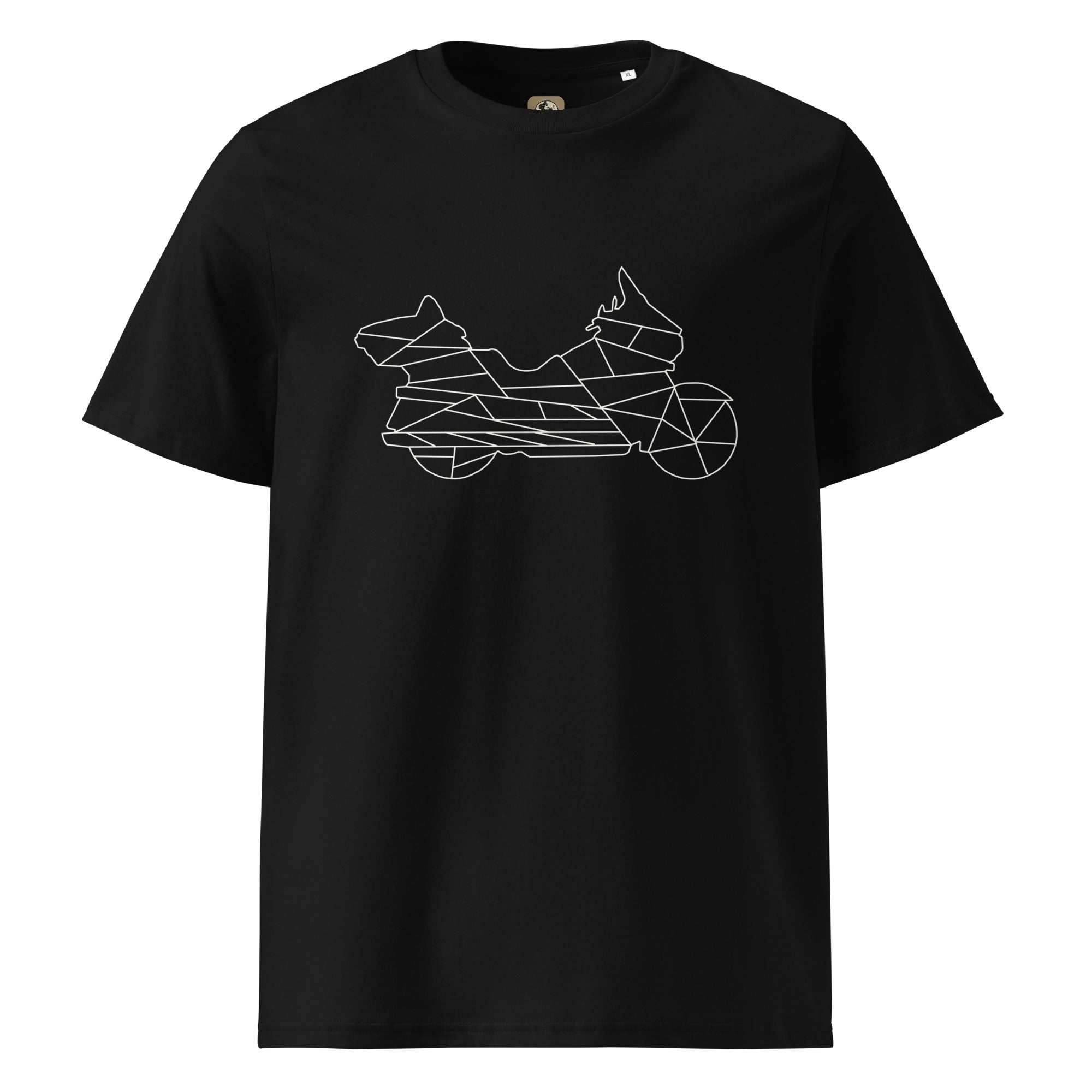 Black The Biker Mule t-shirt with white line art motorcycle design biker apparel for men