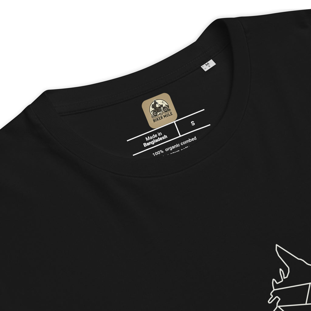 Black organic cotton t-shirt from The Biker Mule featuring biker apparel for men with a printed logo