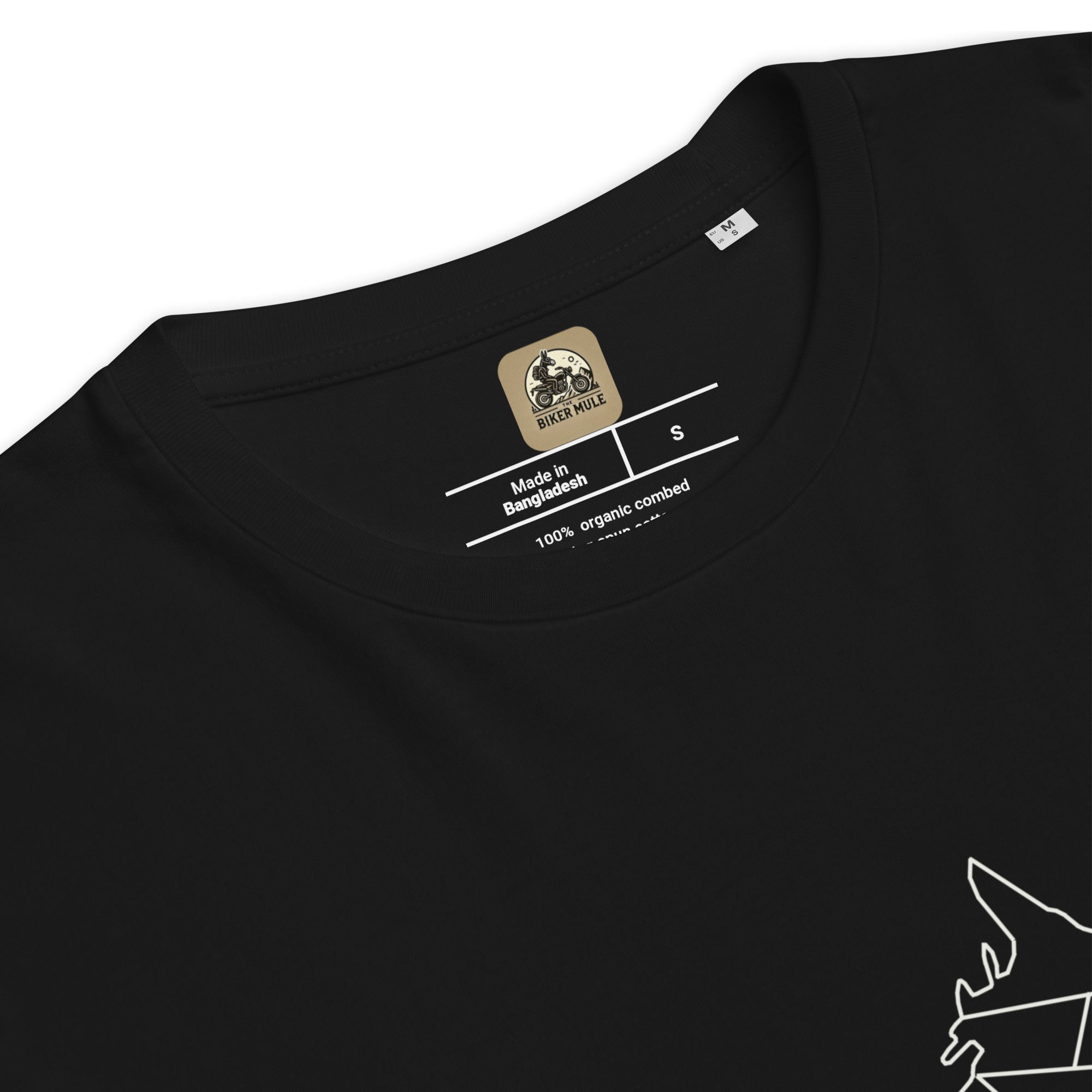 Black organic cotton t-shirt from The Biker Mule featuring biker apparel for men with a printed logo