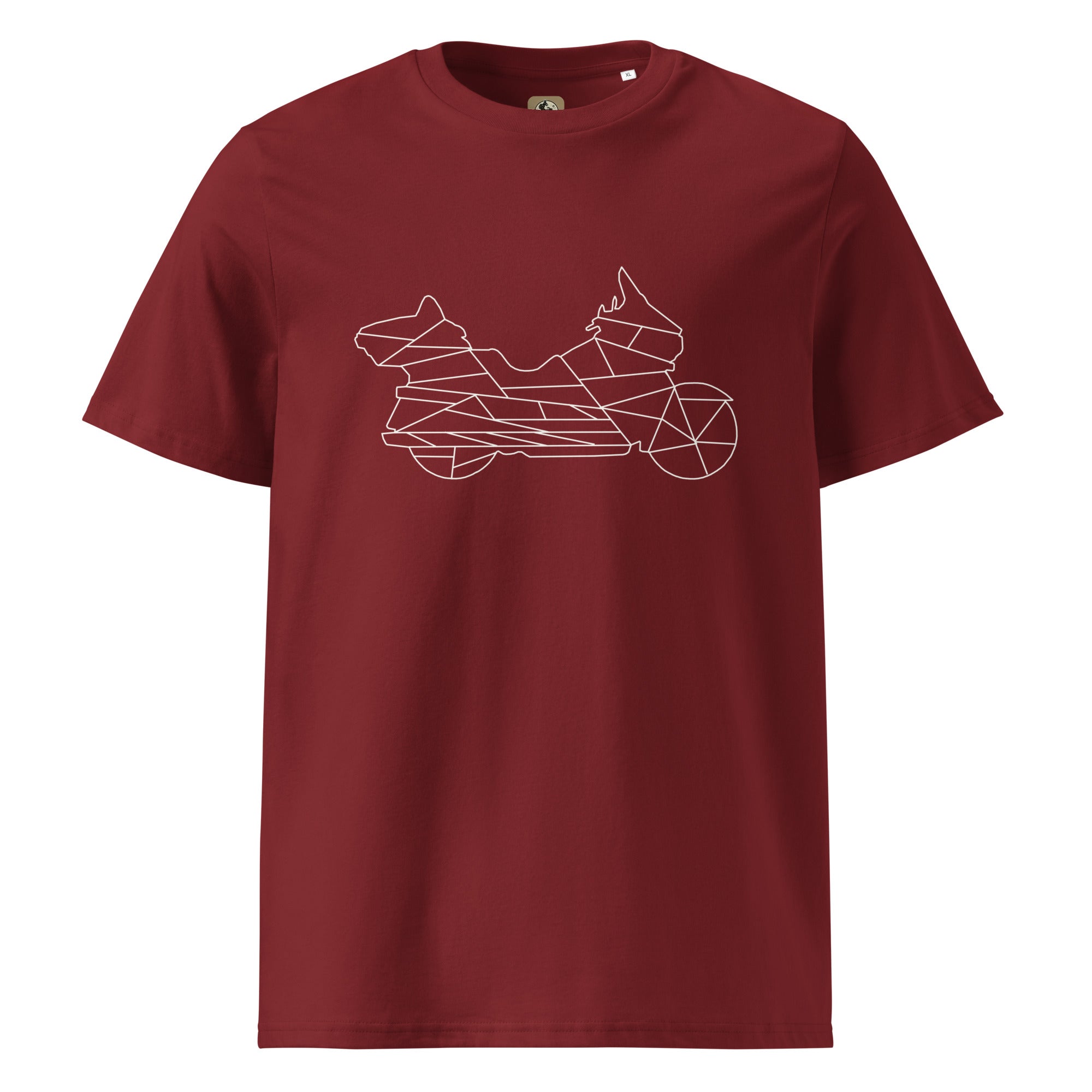 The Biker Mule maroon t-shirt with white motorcycle graphic biker apparel for men