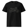 Black scrambler motorcycle t-shirt from The Biker Mule with geometric motorcycle line art design