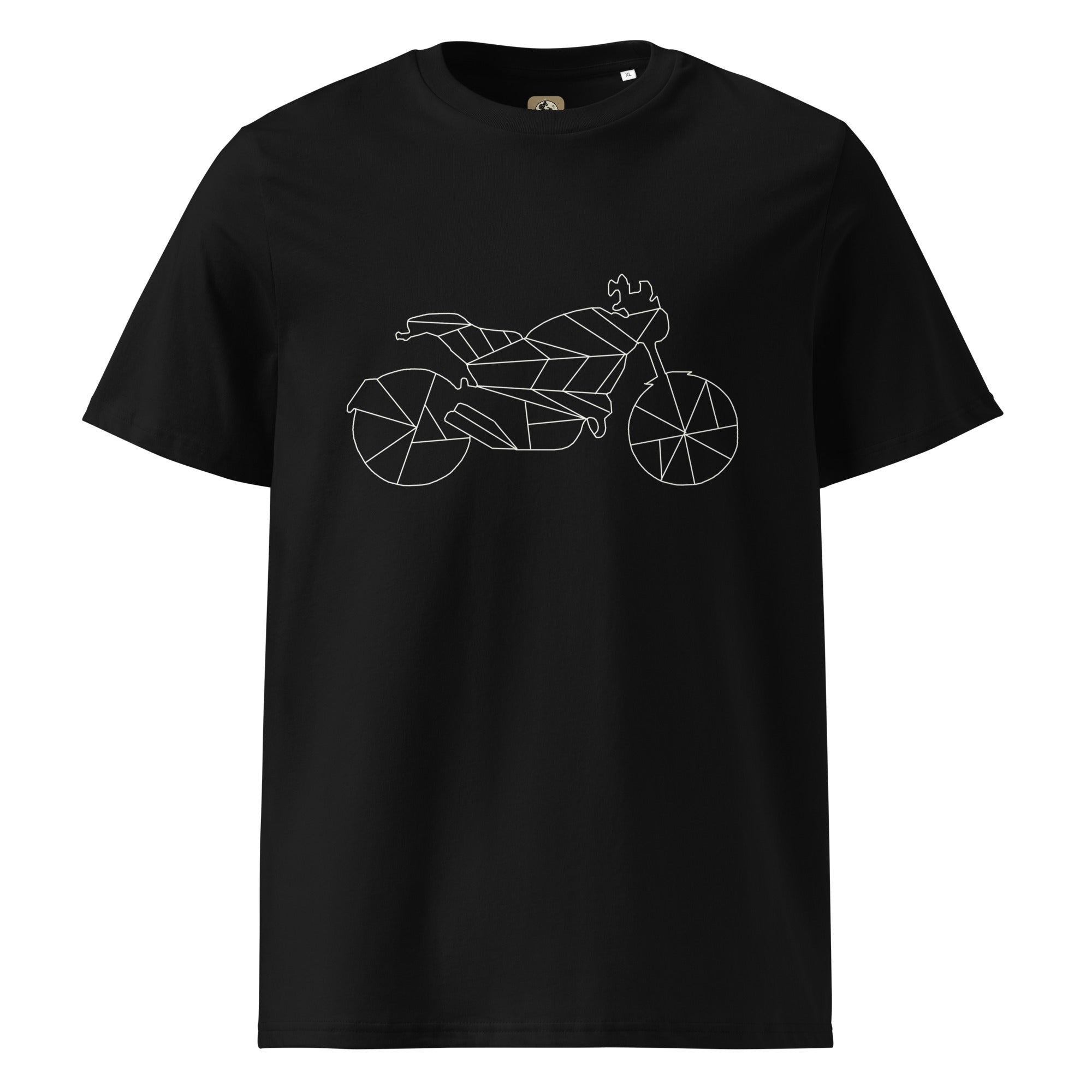 Black scrambler motorcycle t-shirt from The Biker Mule with geometric motorcycle line art design