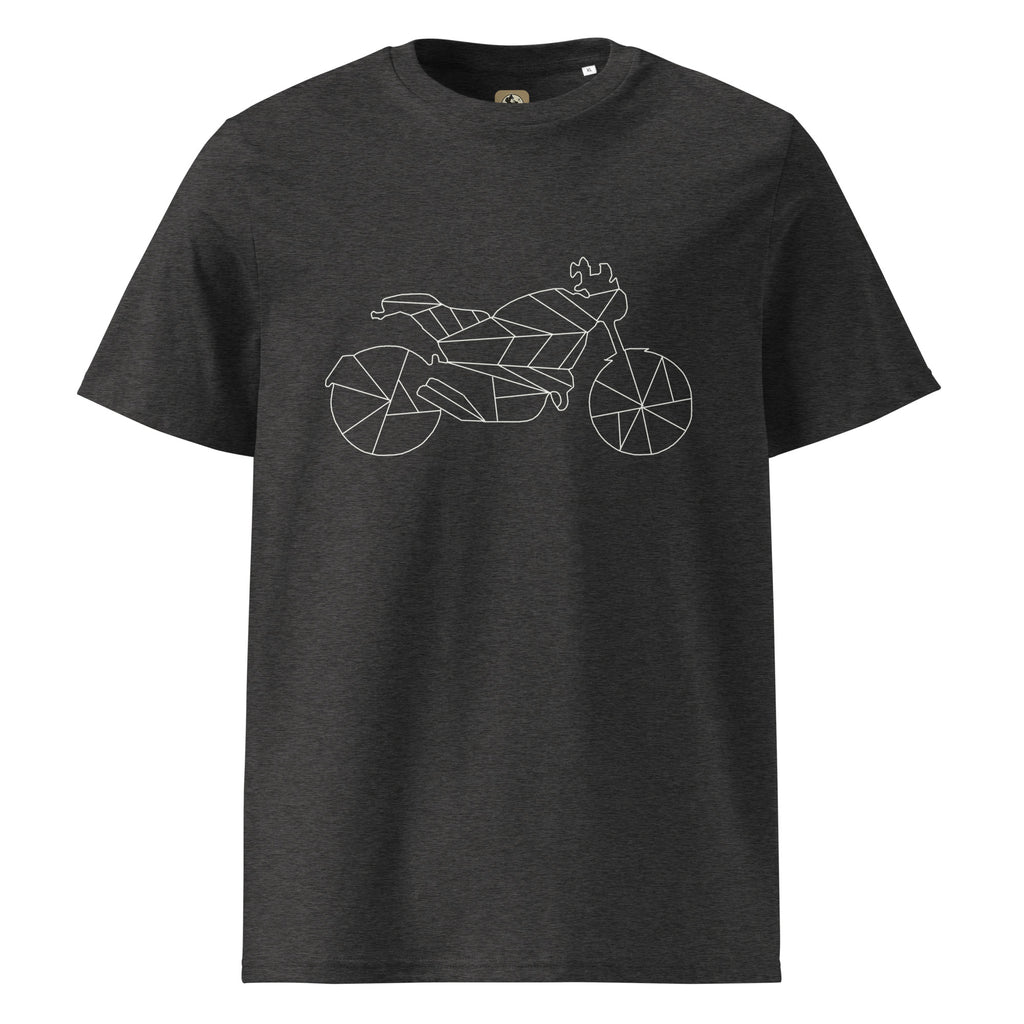 The Biker Mule charcoal scrambler motorcycle t-shirt with minimalist line art motorcycle design