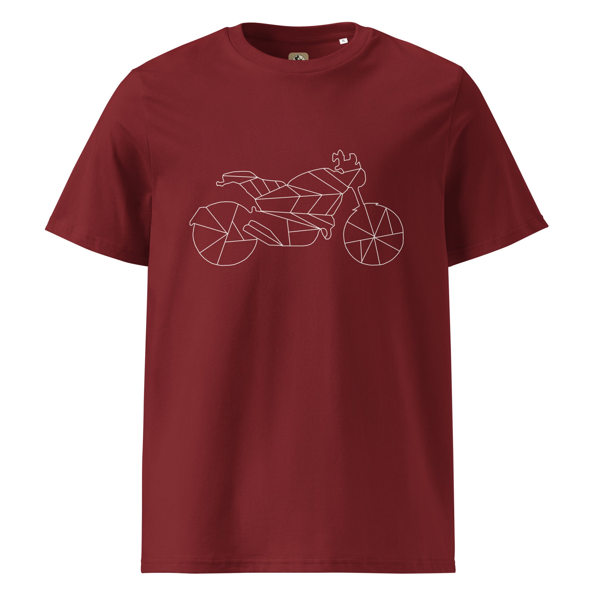 The Biker Mule maroon scrambler motorcycle t-shirt with geometric bike line art design