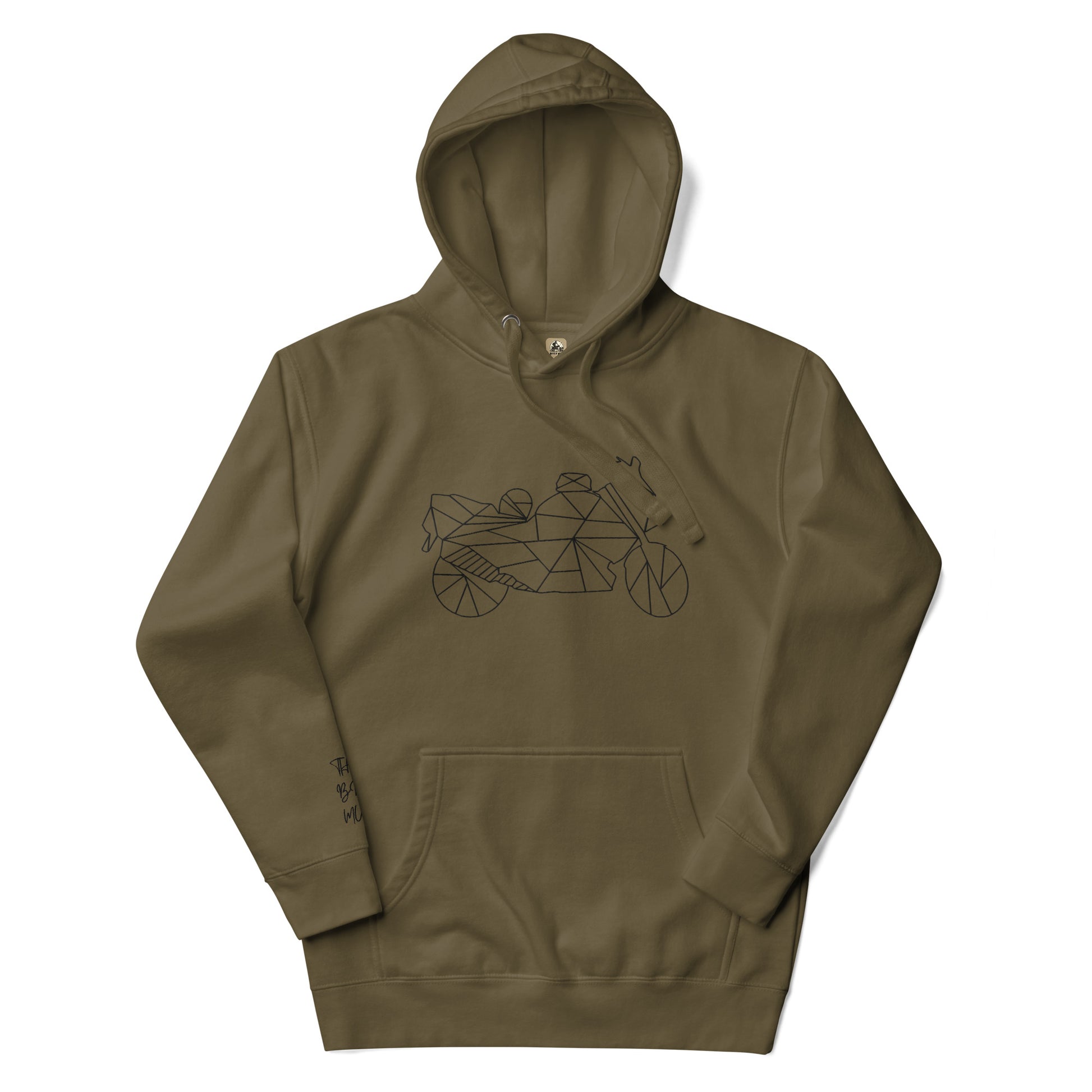The Biker Mule olive green motorcycle hoodie unisex with geometric bike design and front pocket