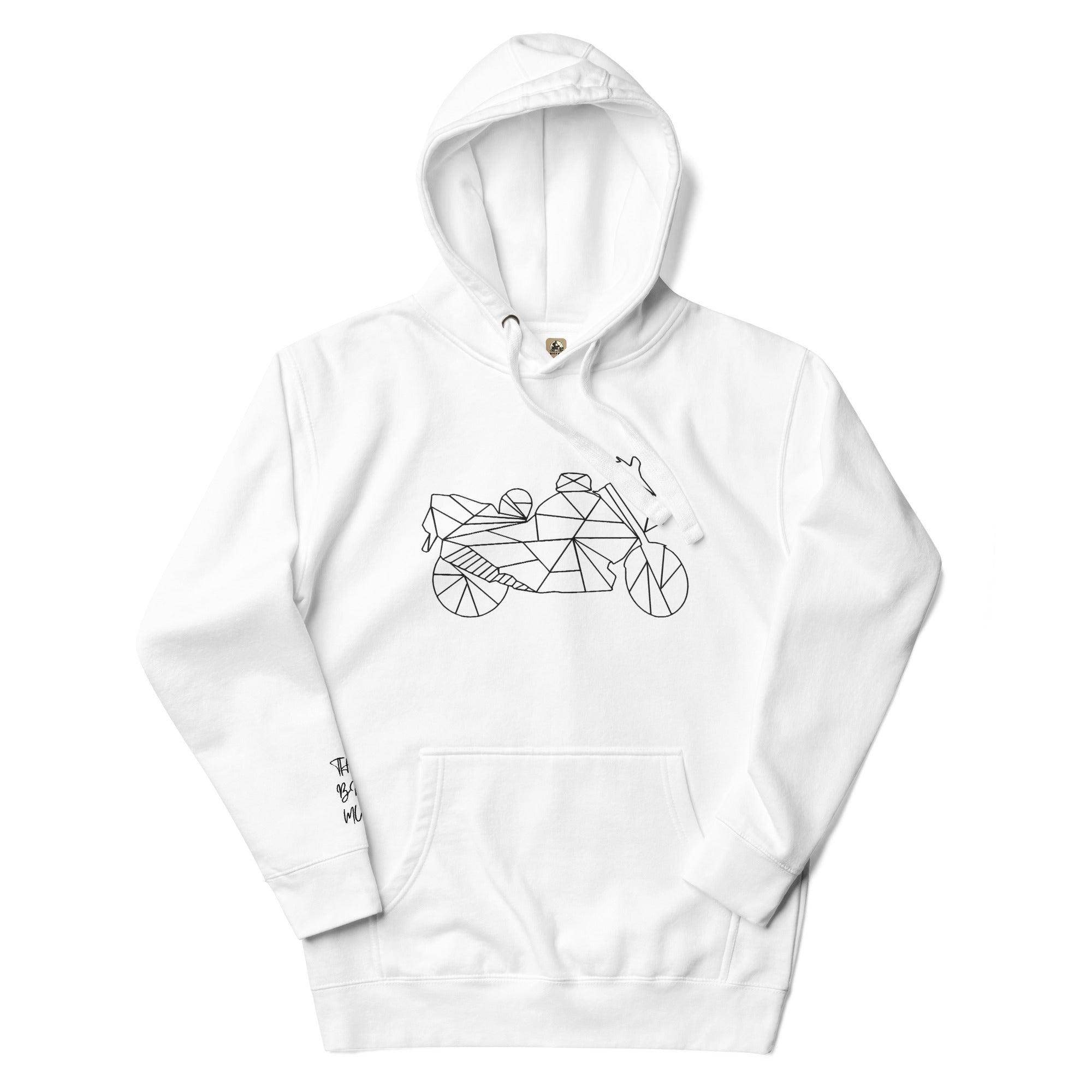 White motorcycle hoodie unisex with geometric motorcycle design and front kangaroo pocket