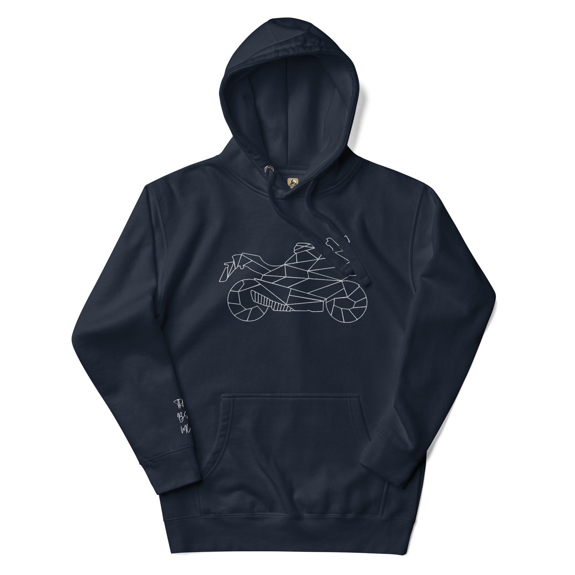 Black motorcycle style hoodie by The Biker Mule featuring geometric motorcycle graphic and front pocket