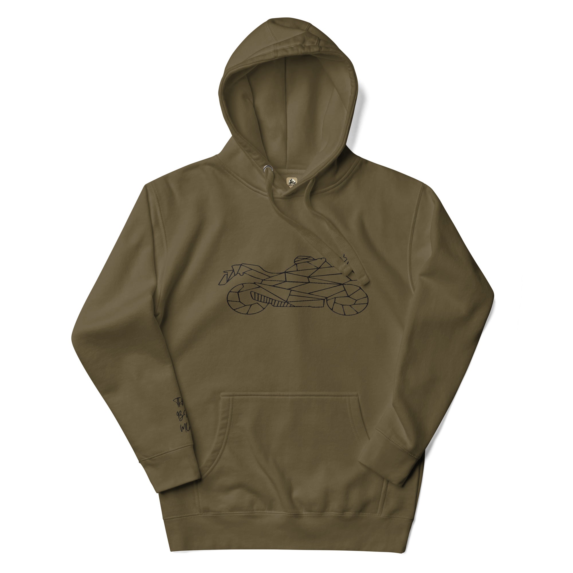 The Biker Mule olive green motorcycle style hoodie with a minimalist bike graphic and front pocket