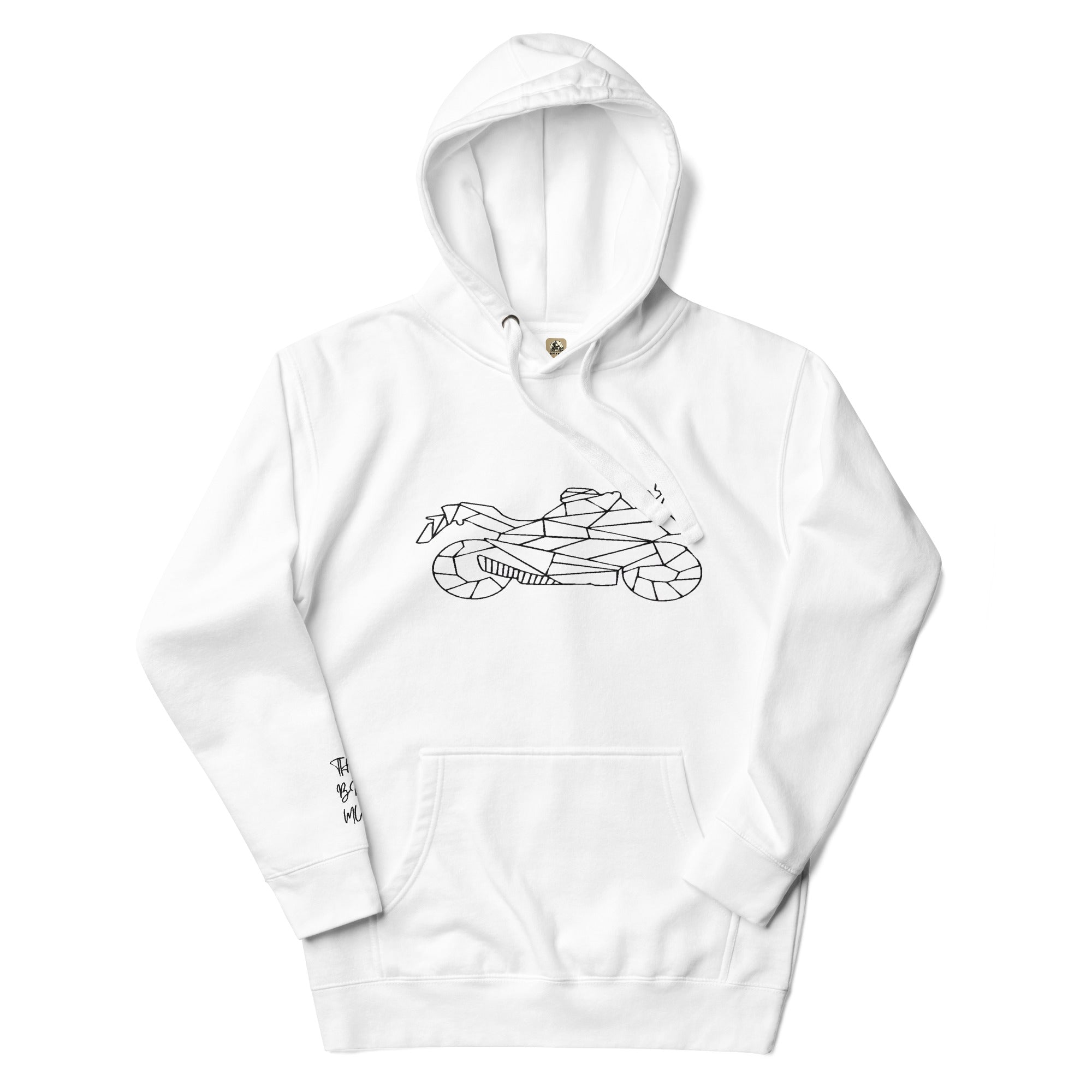 White motorcycle style hoodie from The Biker Mule with geometric motorcycle design on front and front pocket