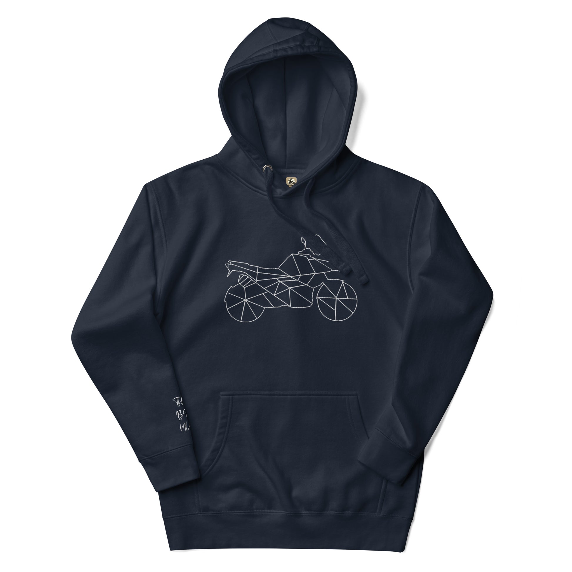 The Biker Mule navy blue motorcycle themed hoodie with geometric bike design and front pocket