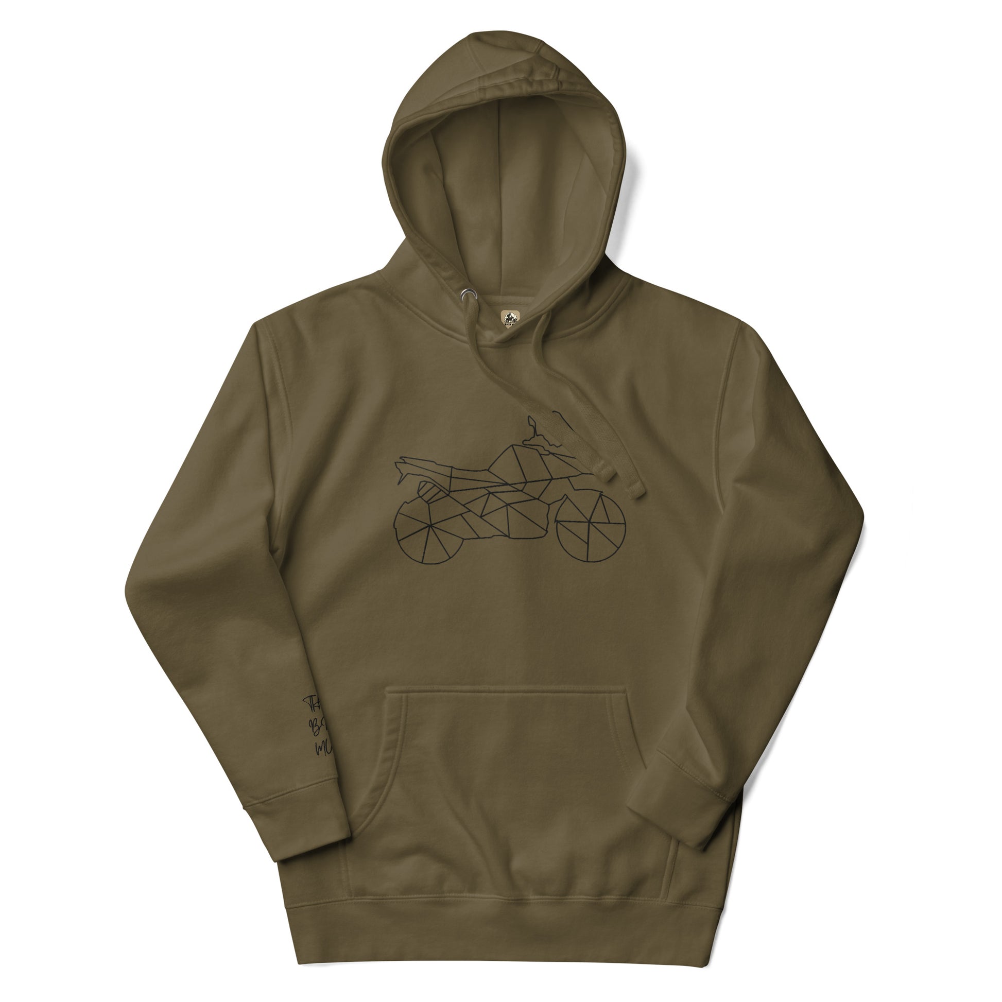 Olive green motorcycle themed hoodie from The Biker Mule with a geometric motorcycle design