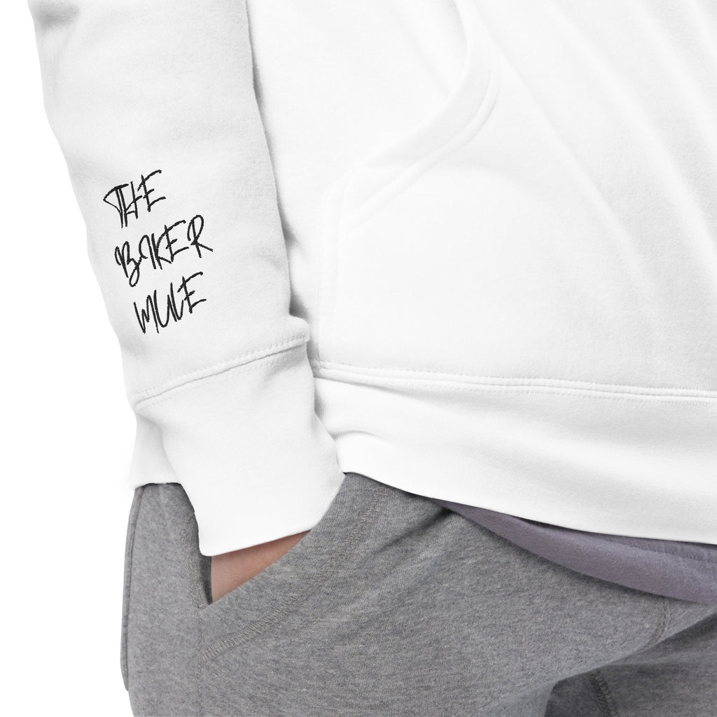 White motorcycle themed hoodie from The Biker Mule with logo on sleeve and gray pants