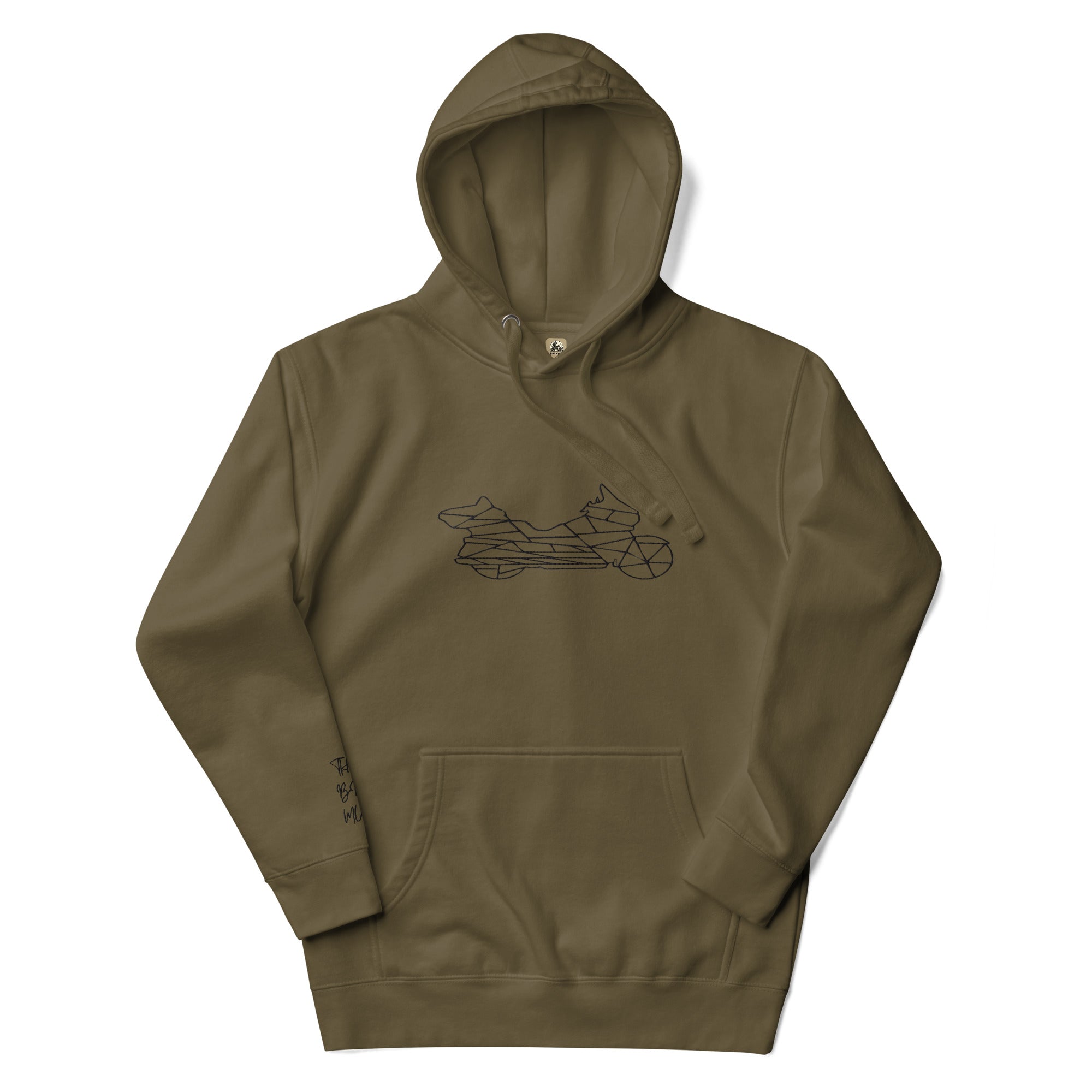 The Biker Mule unisex biker hoodie in olive green with a minimalist motorcycle graphic on chest