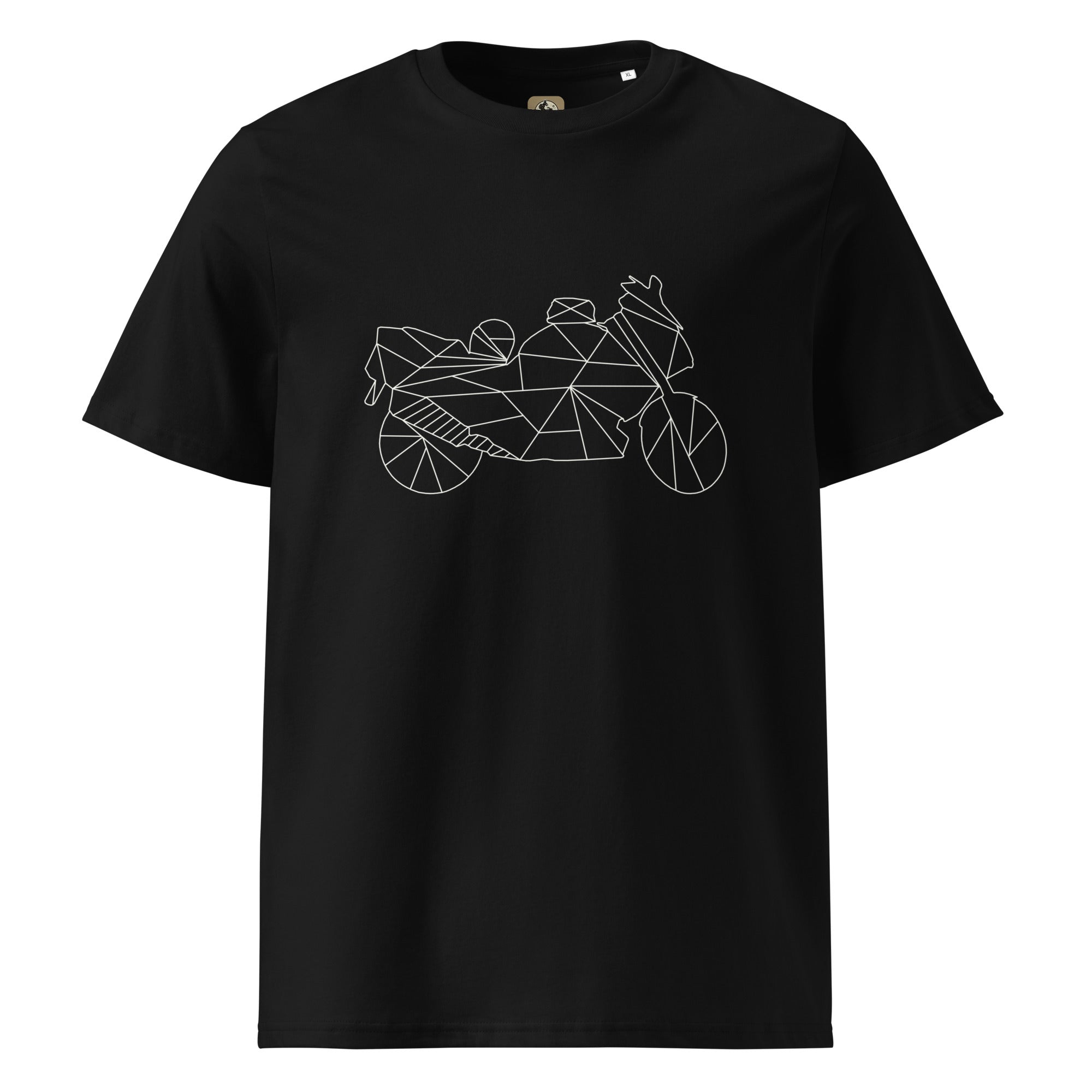Black t-shirt with geometric motorcycle design for motorcycle enthusiast apparel by The Biker Mule