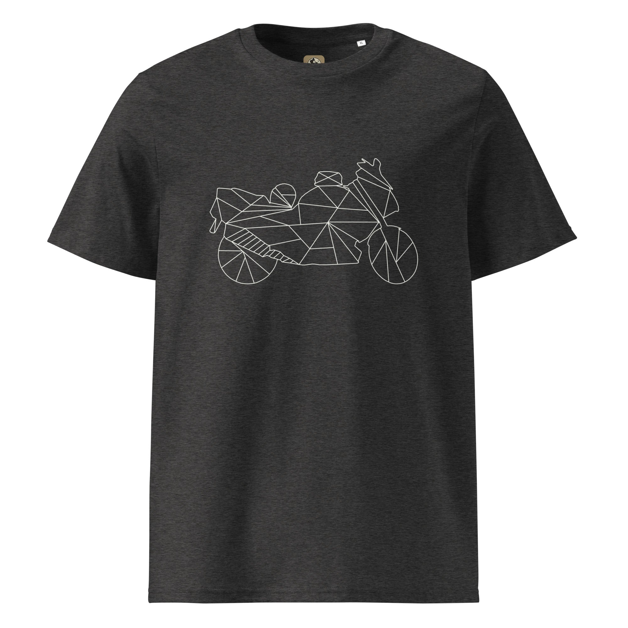 The Biker Mule charcoal t-shirt with geometric motorcycle design for motorcycle enthusiast apparel