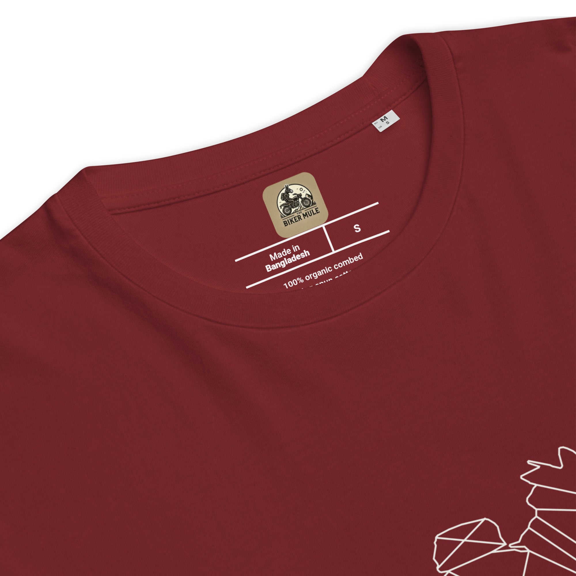 The Biker Mule maroon t-shirt made of 100% organic cotton for motorcycle enthusiast apparel