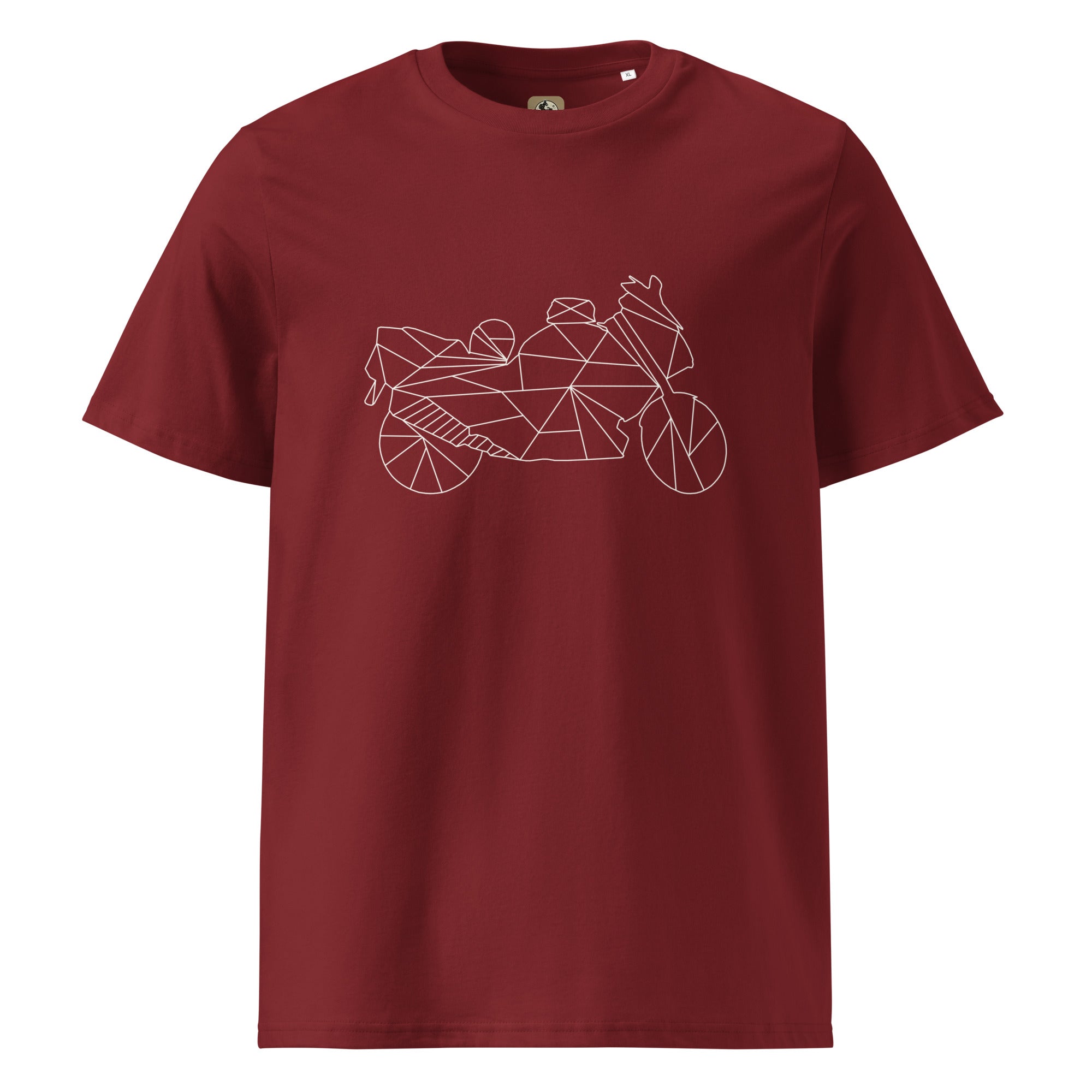 Maroon t-shirt with geometric motorcycle design for motorcycle enthusiast apparel by The Biker Mule