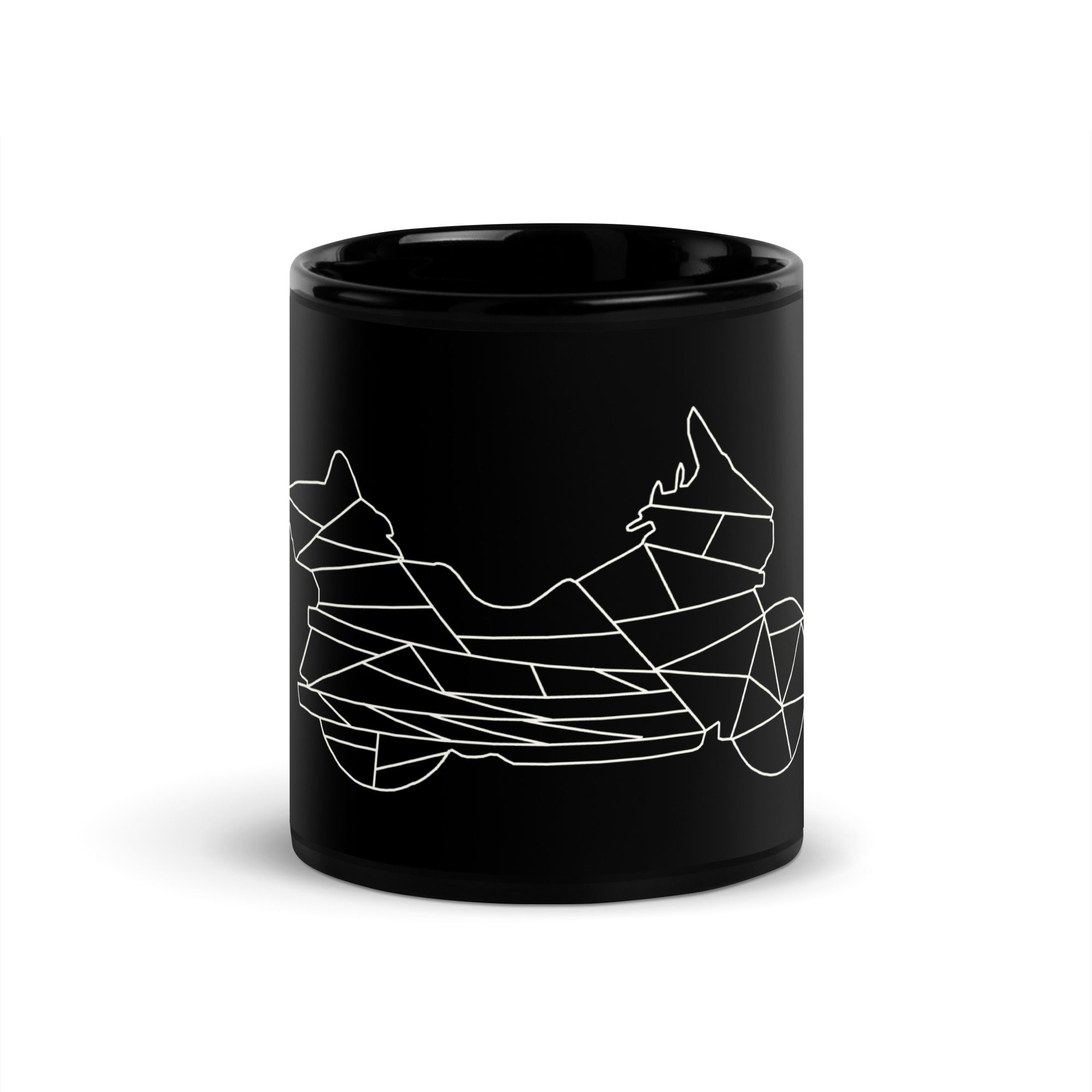 Black ceramic mug with white geometric motorcycle design ideal motorcycle enthusiast gift