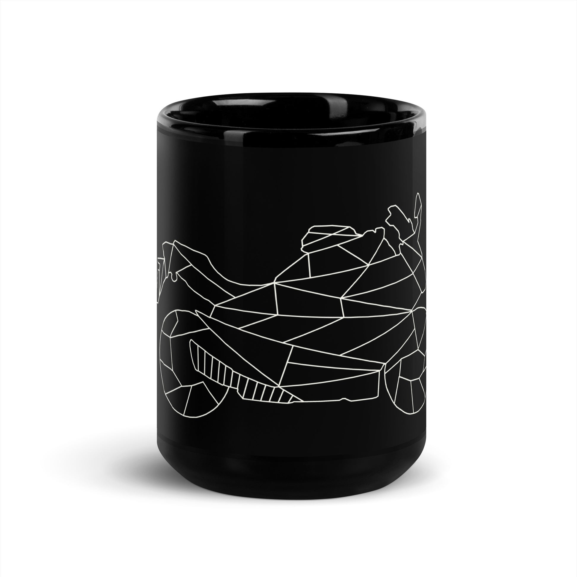 Black ceramic mug with white geometric motorcycle design motorcycle enthusiast gifts by The Biker Mule