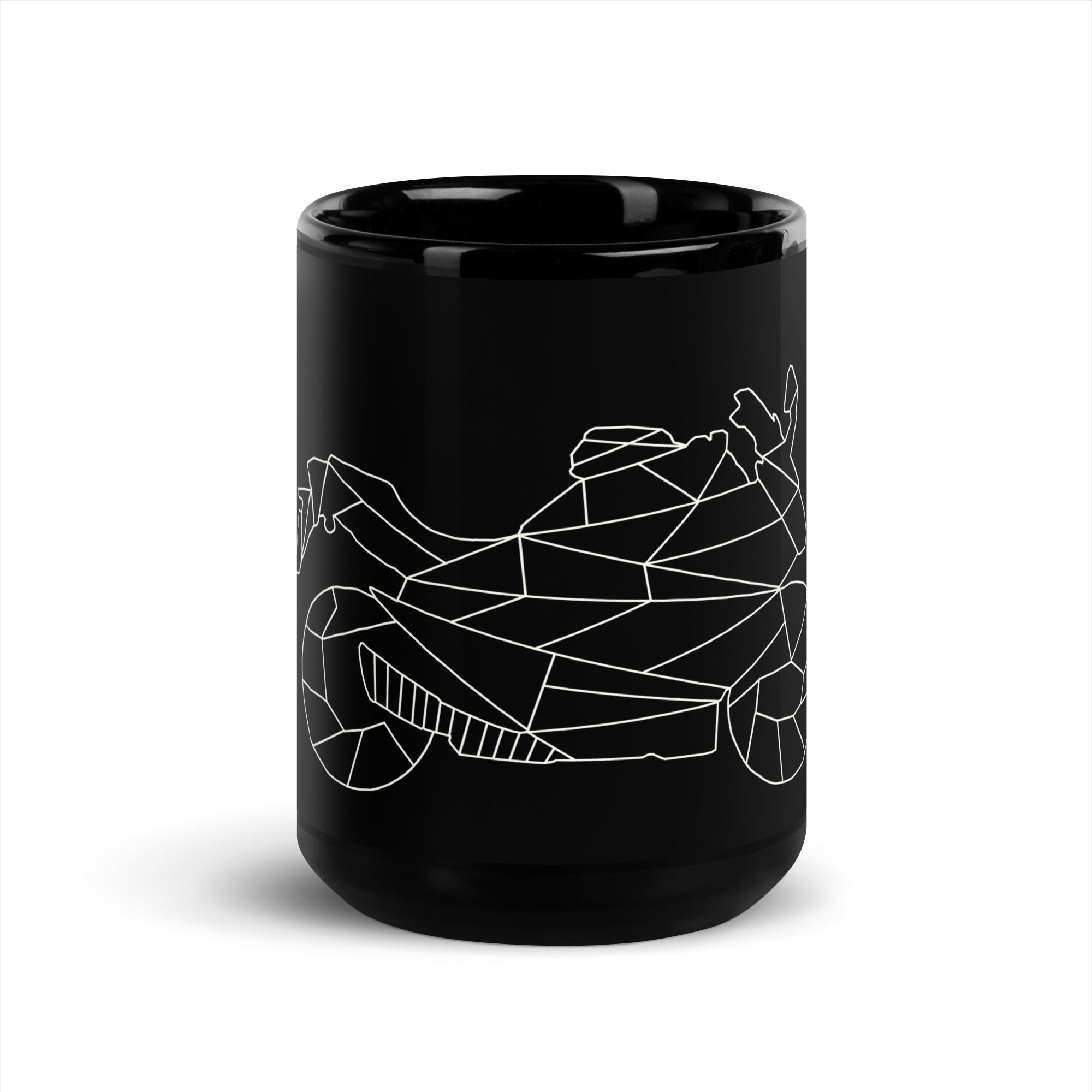 Black ceramic mug with white geometric motorcycle design motorcycle enthusiast gifts by The Biker Mule