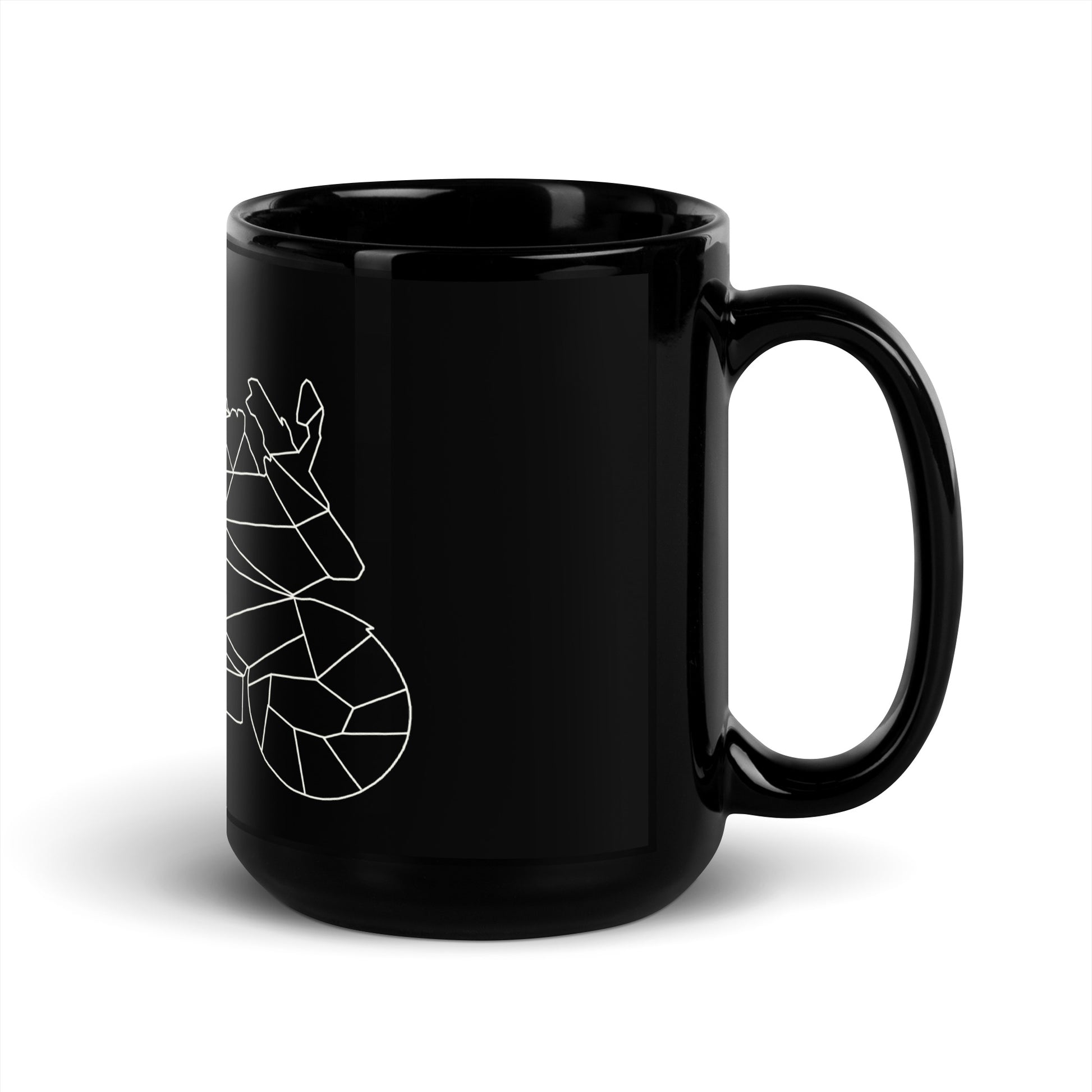 Black ceramic coffee mug with geometric motorcycle design ideal for motorcycle enthusiast gifts