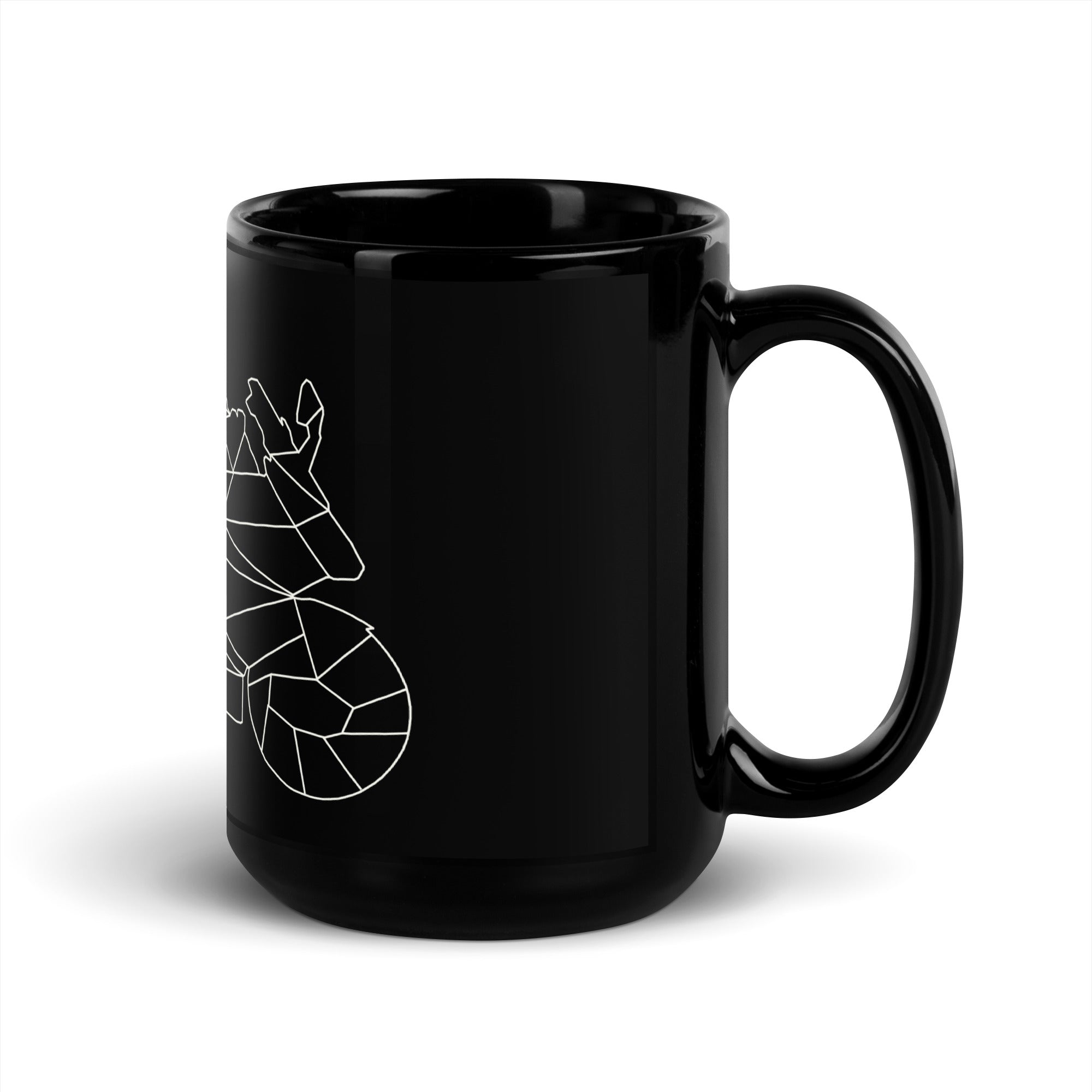 Black ceramic coffee mug with geometric motorcycle design ideal for motorcycle enthusiast gifts