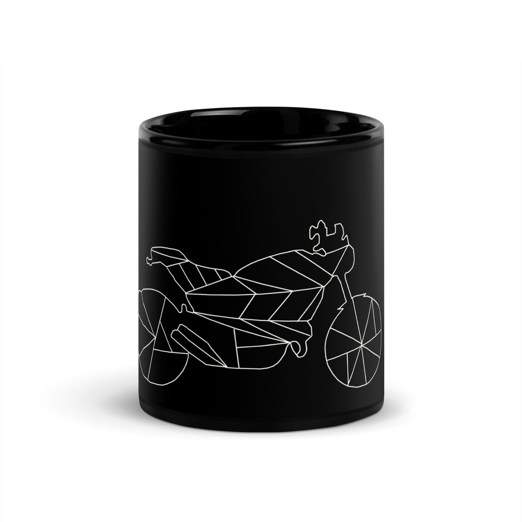 Black motorcycle mug with white geometric motorcycle design by The Biker Mule
