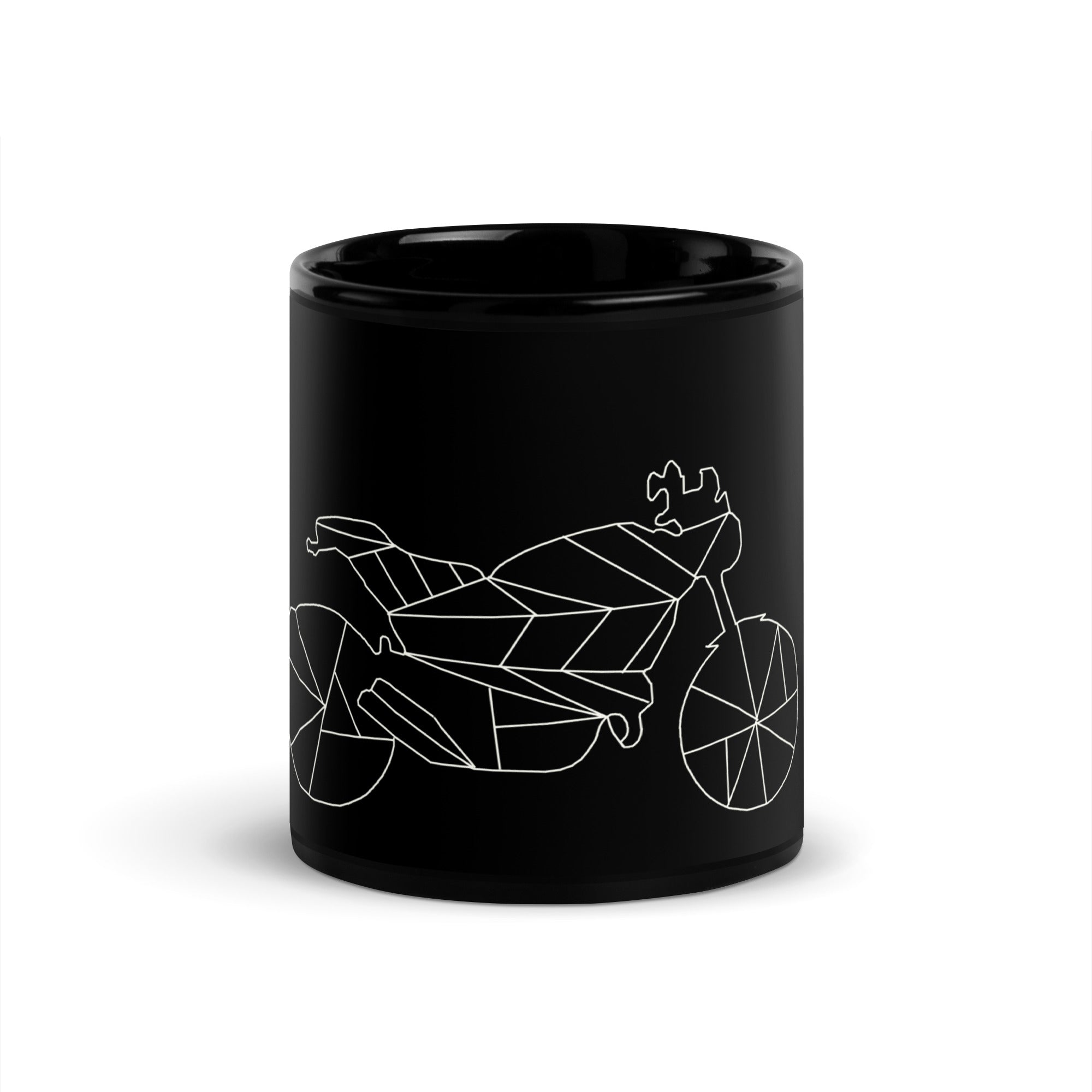 Black motorcycle mug with white geometric motorcycle design by The Biker Mule