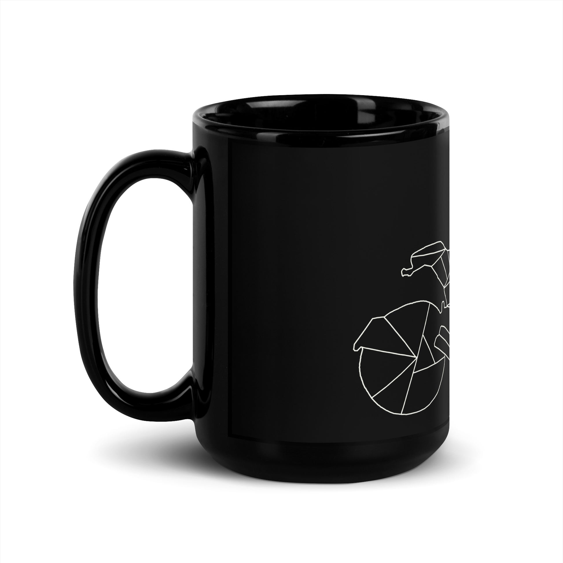 Black motorcycle mug with minimalist white geometric bike design from The Biker Mule