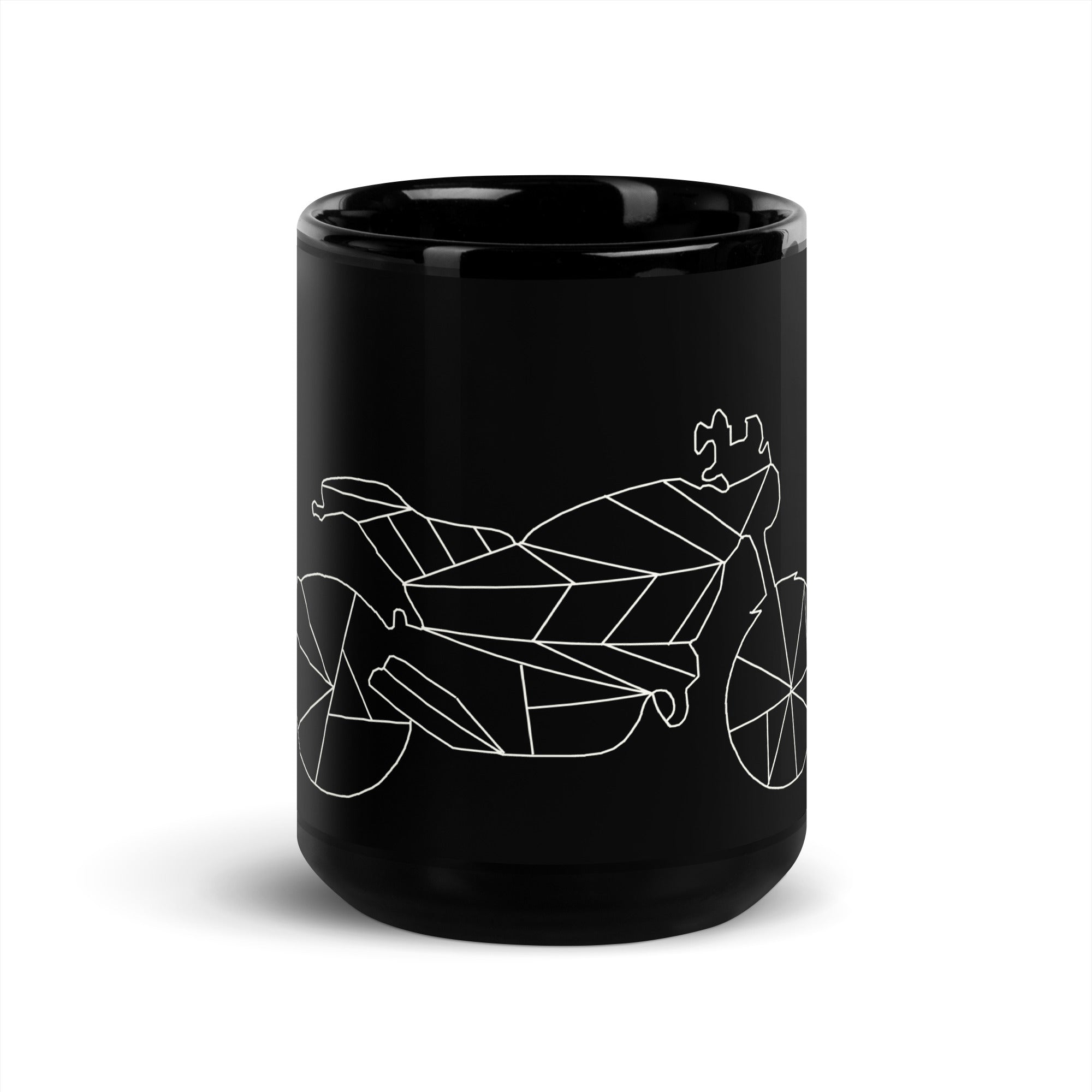 Black motorcycle mug with white geometric motorcycle line art design by The Biker Mule