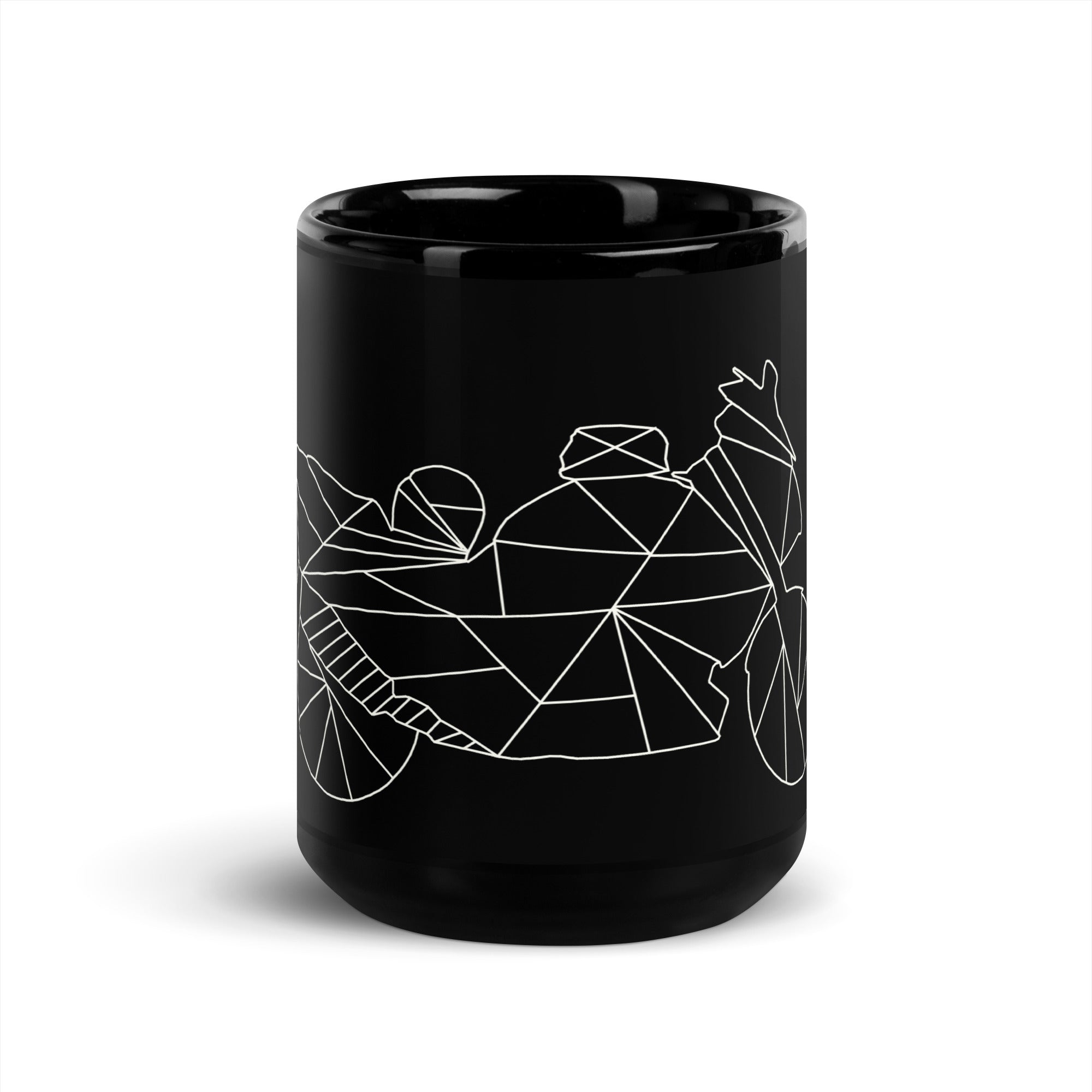 Black motorcycle style mug with white geometric motorcycle line art design