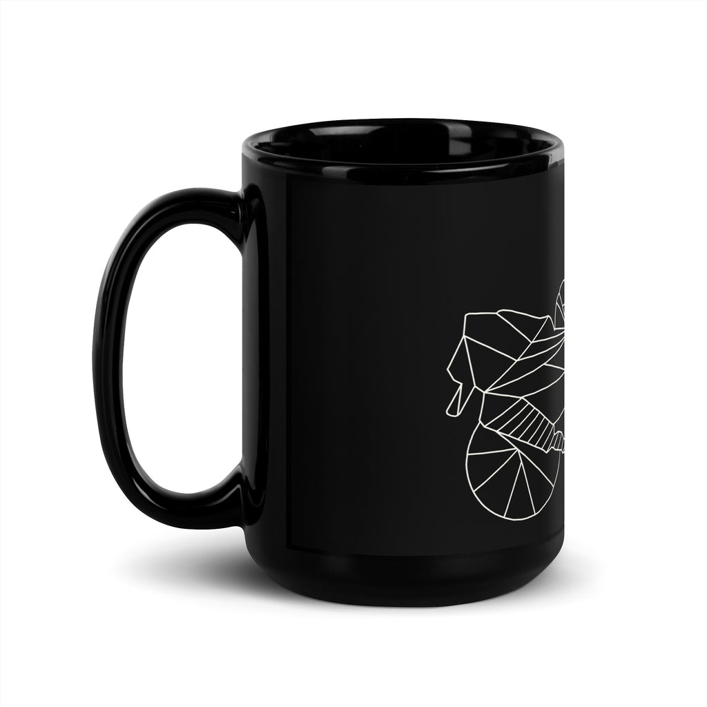 Black ceramic motorcycle style mug with white geometric motorcycle design by The Biker Mule