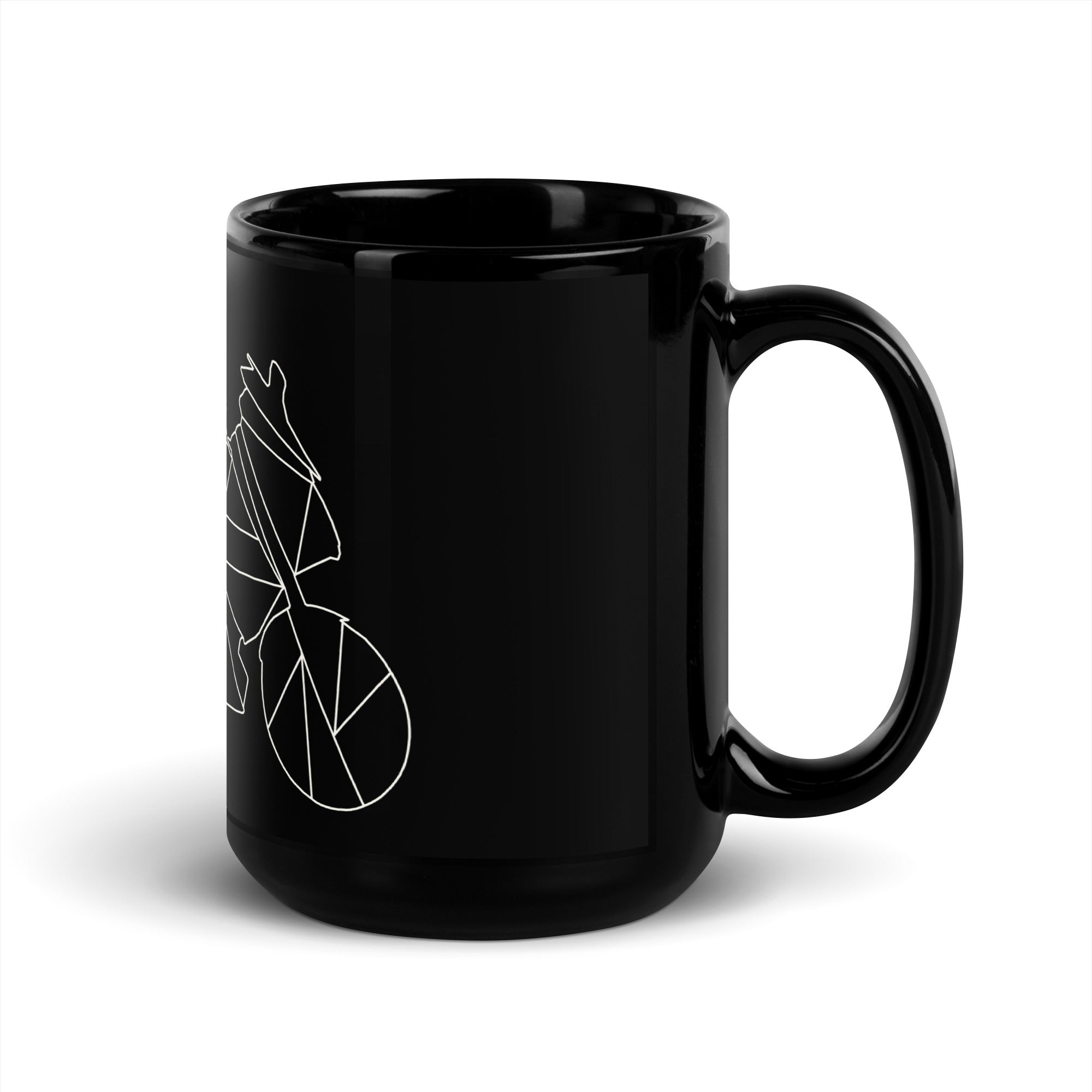Black ceramic motorcycle style mug with minimalist white geometric motorcycle design