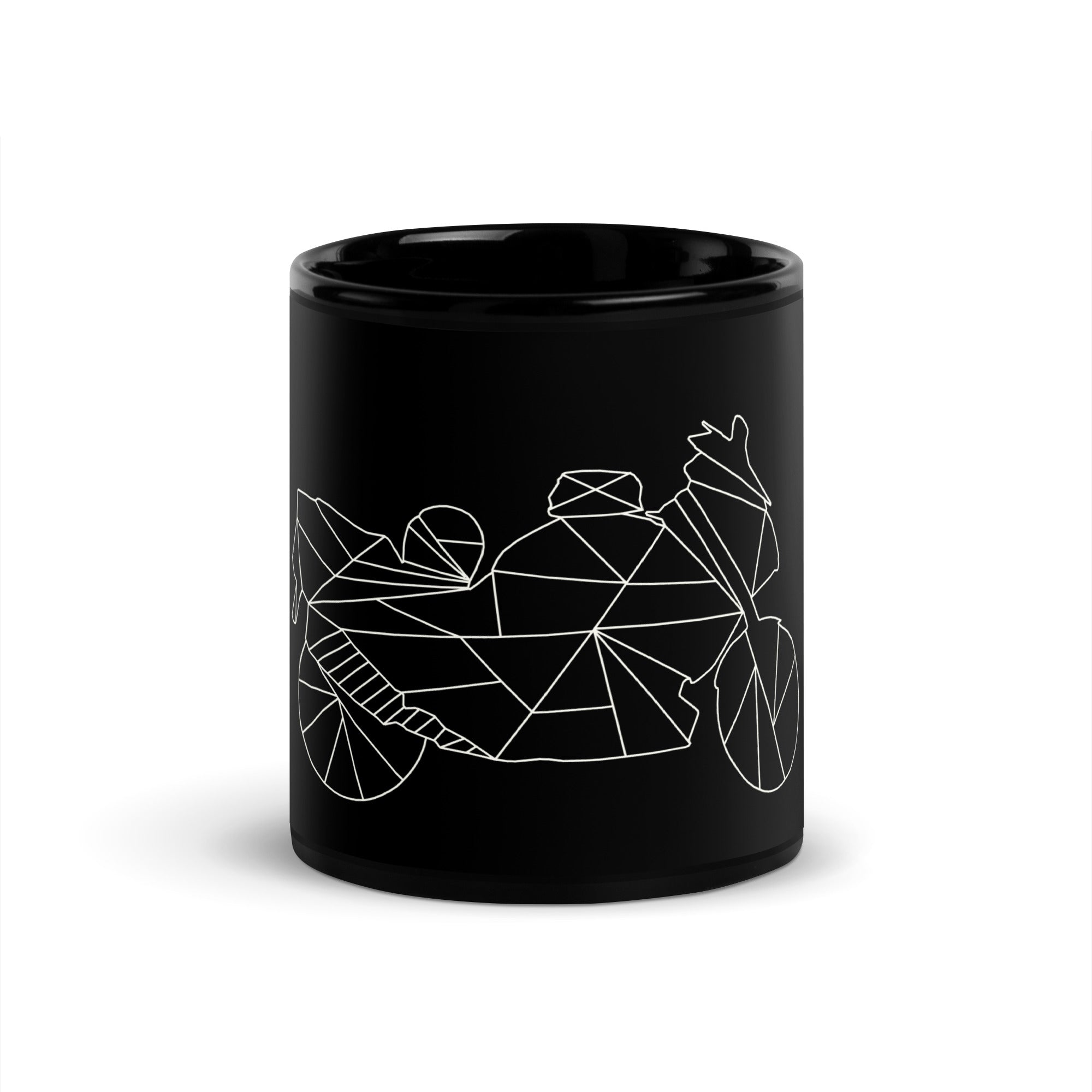 Black ceramic motorcycle style mug with geometric white motorcycle design by The Biker Mule