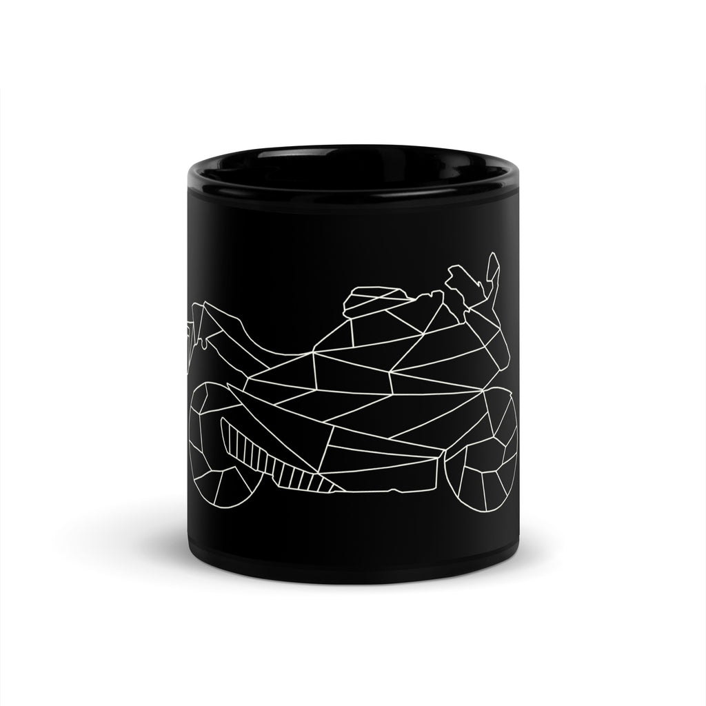 Black ceramic mug with geometric white motorcycle design perfect motorcycle enthusiast gifts