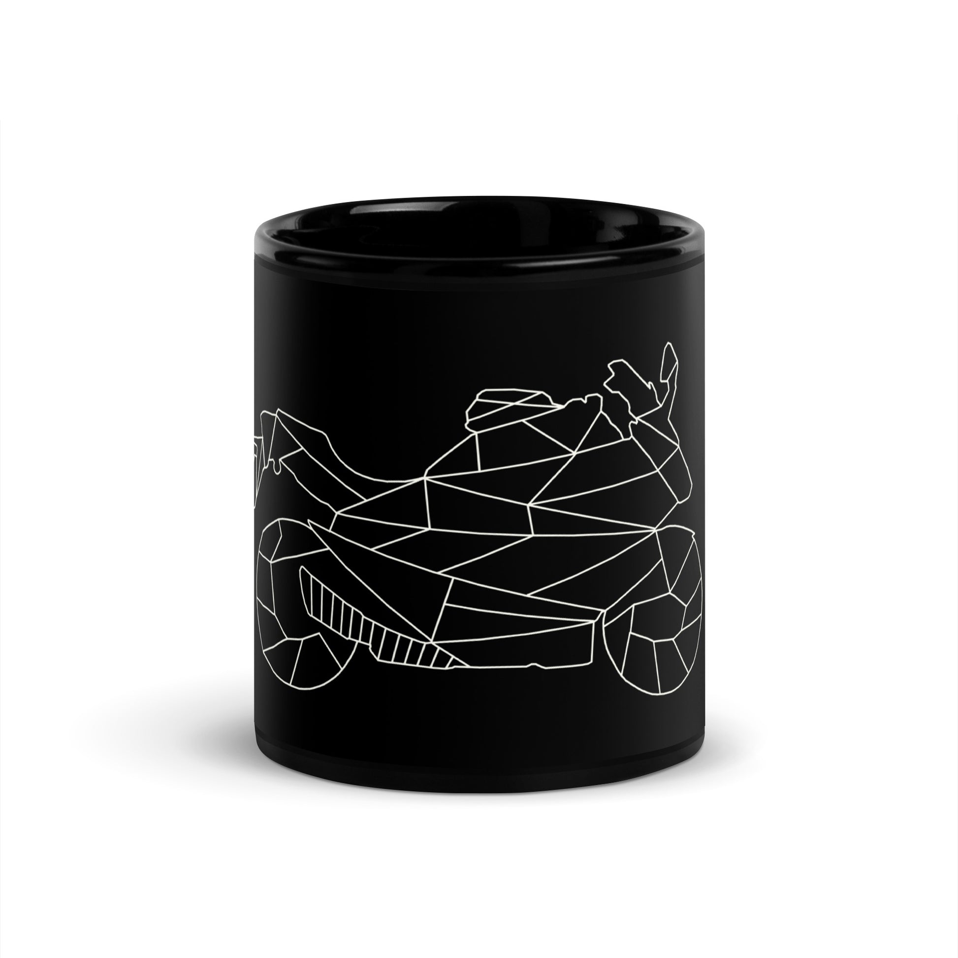 Black ceramic mug with geometric white motorcycle design perfect motorcycle enthusiast gifts