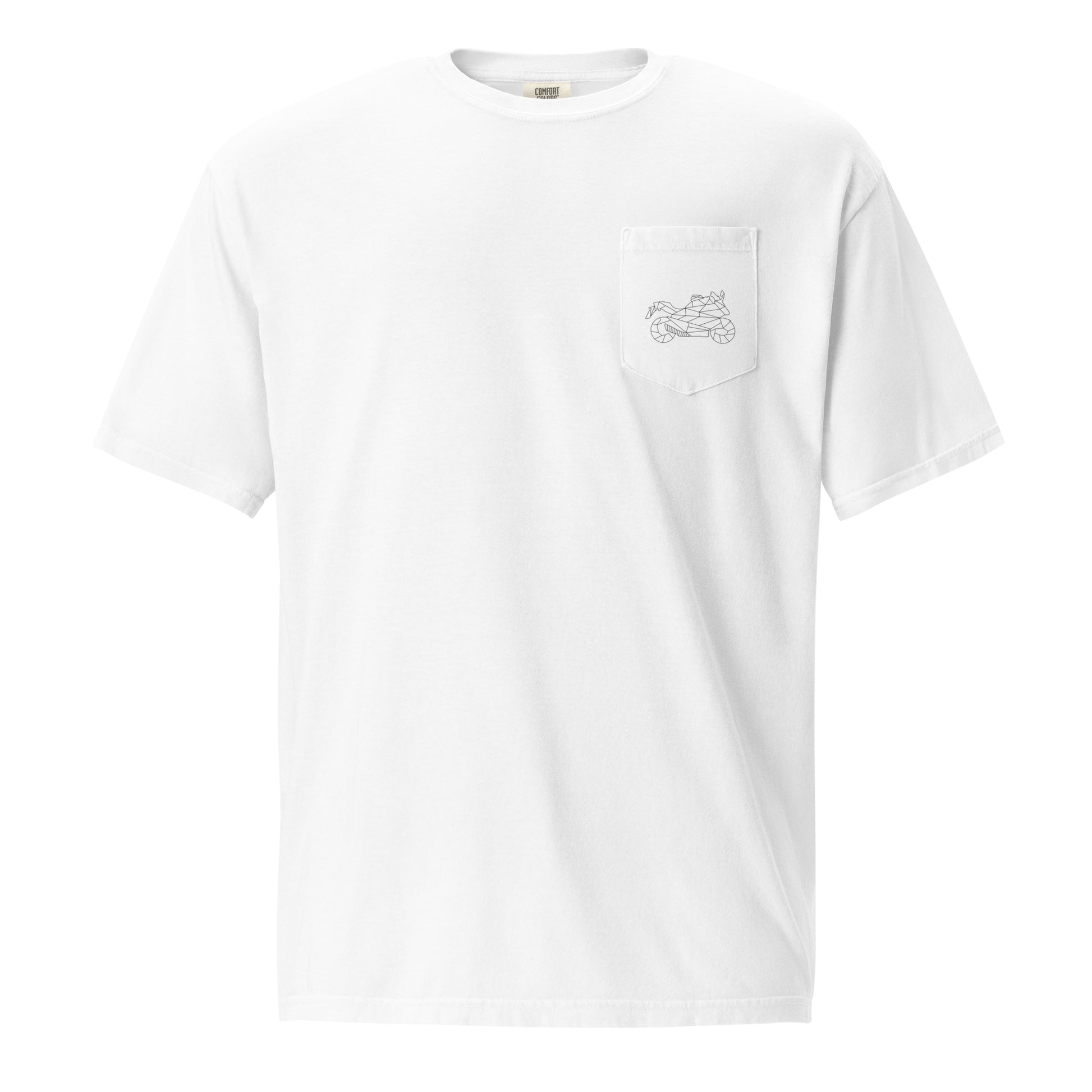 White motorcycle pocket shirt from The Biker Mule with a small motorcycle design on the chest pocket