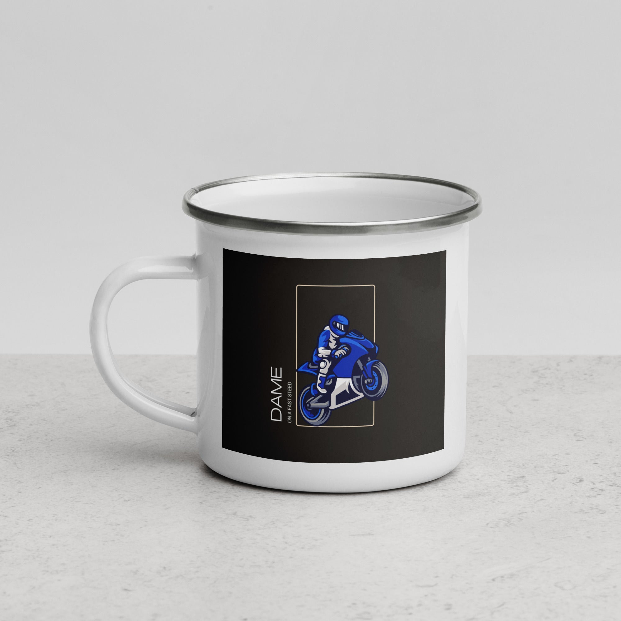 The Biker Mule white enamel motorcycle mug gift with blue motorbike rider design