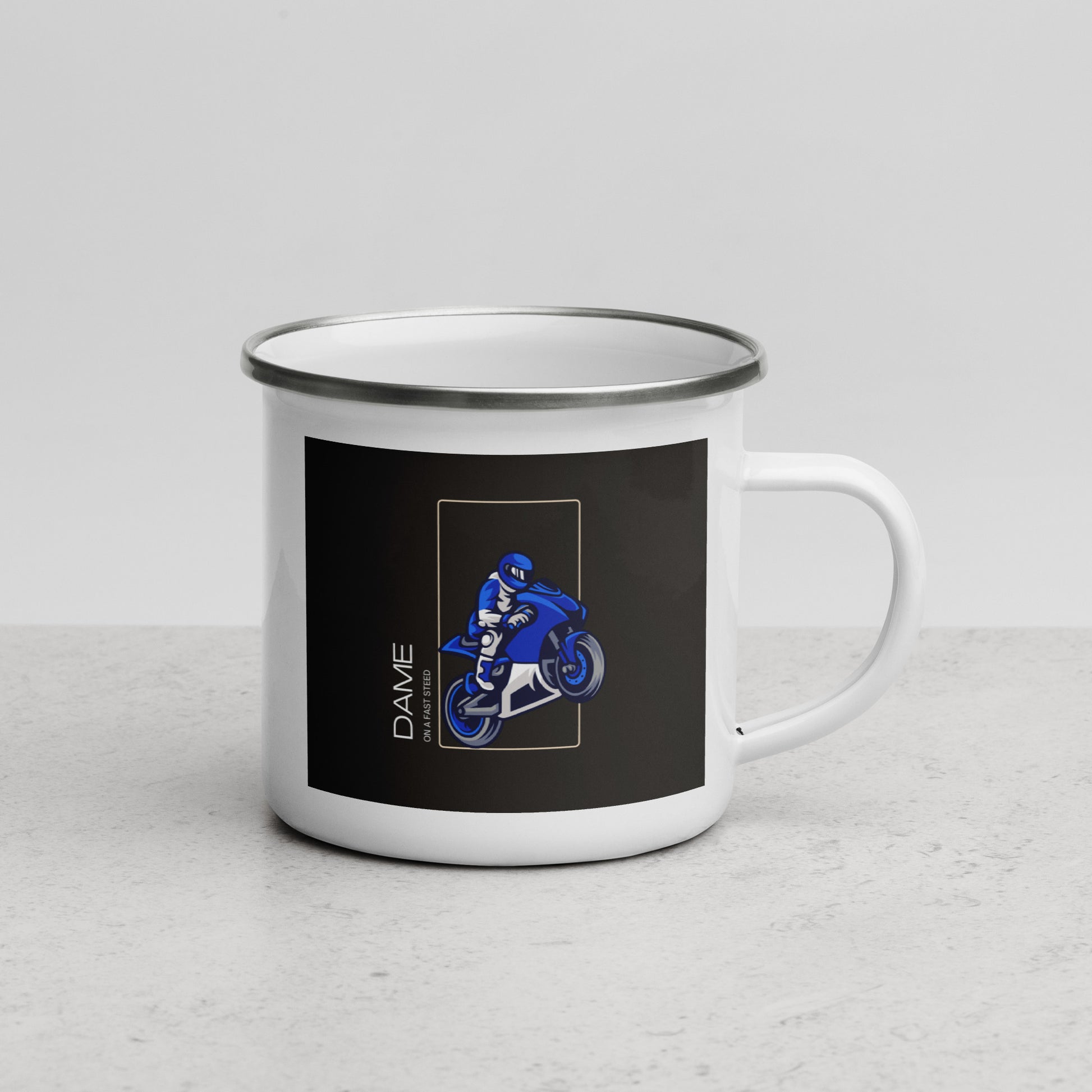 White enamel mug with metal rim featuring blue motorcycle and rider design motorcycle mug gift