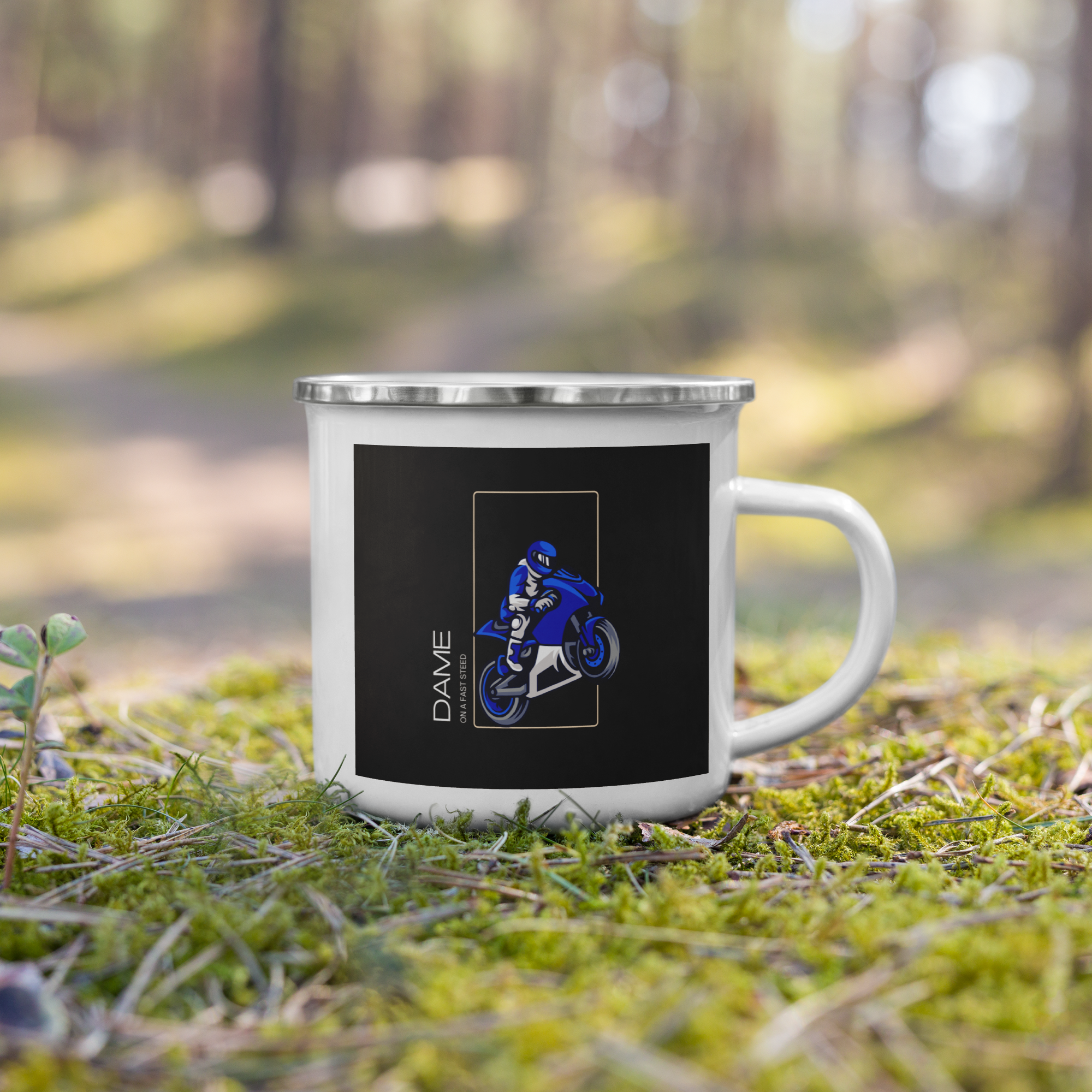 The Biker Mule white metal mug with a blue motorcycle rider design motorcycle mug gift on mossy forest ground