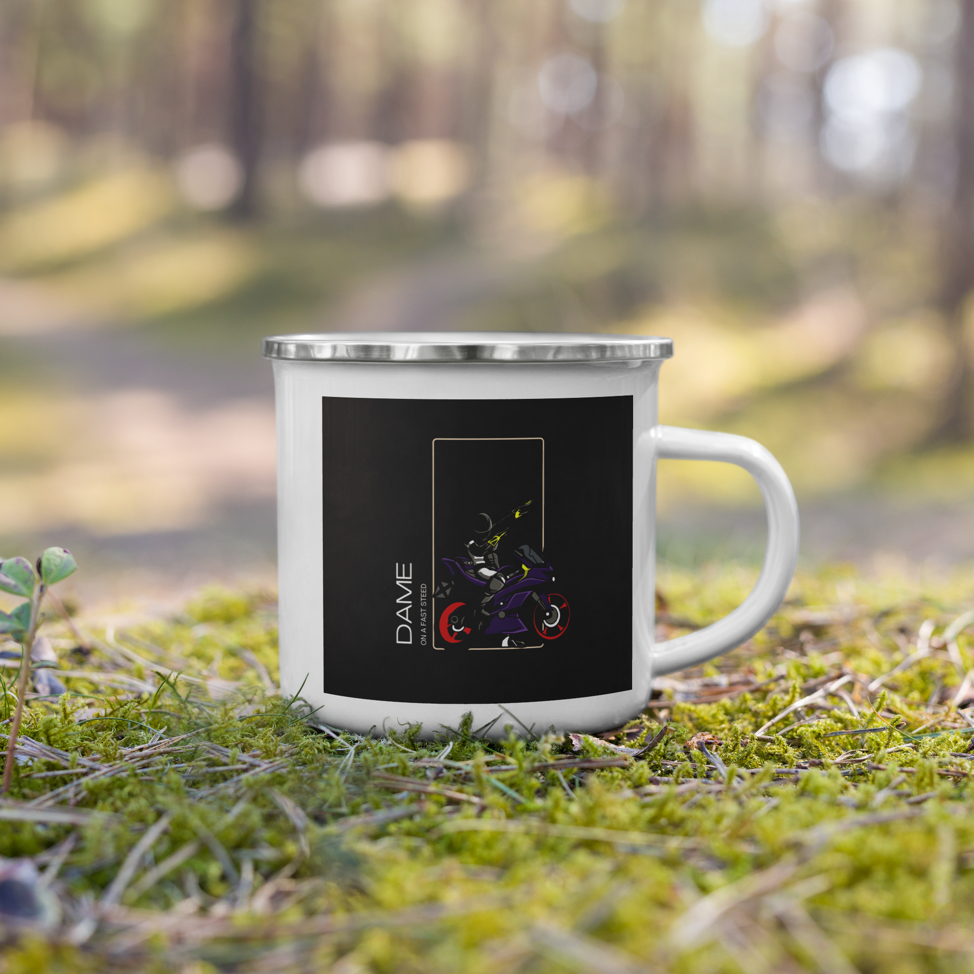 The Biker Mule enamel motorcycle mug gift with black and purple bike design on mossy forest ground