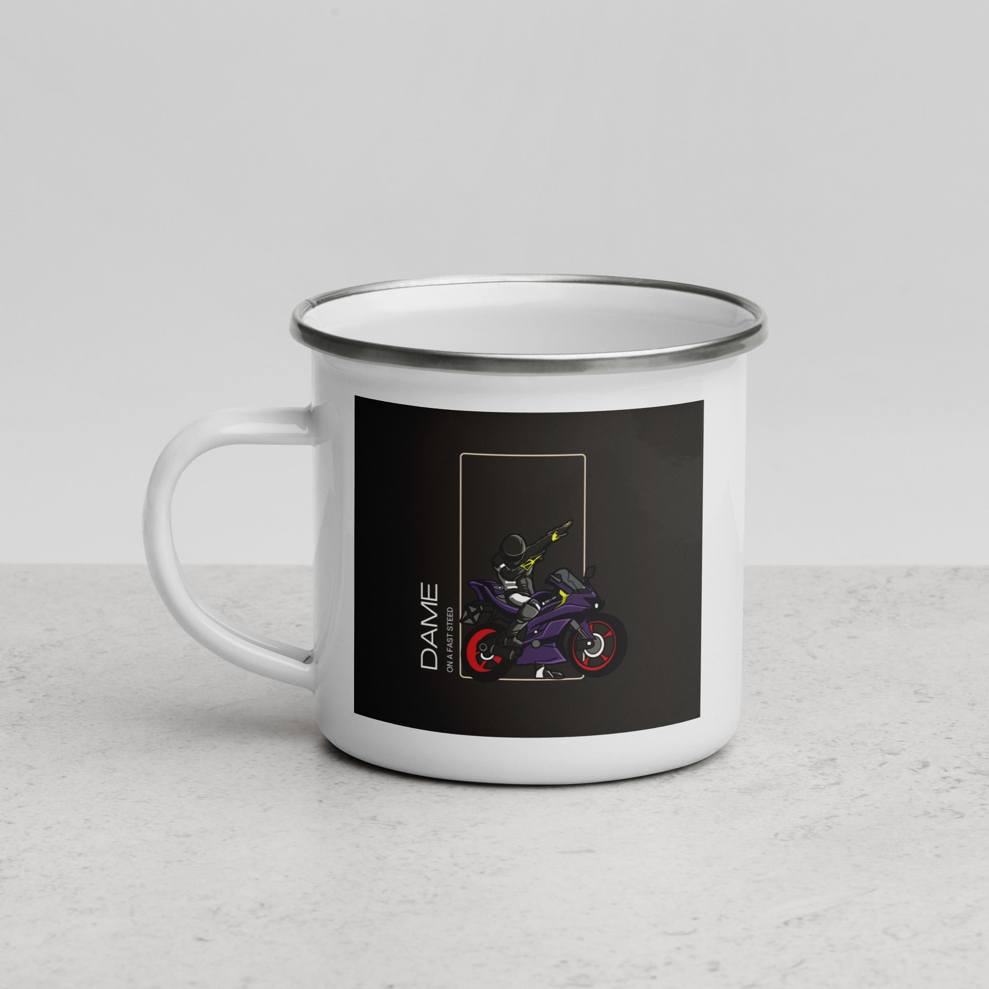 White metal mug with black motorcycle design by The Biker Mule motorcycle mug gift