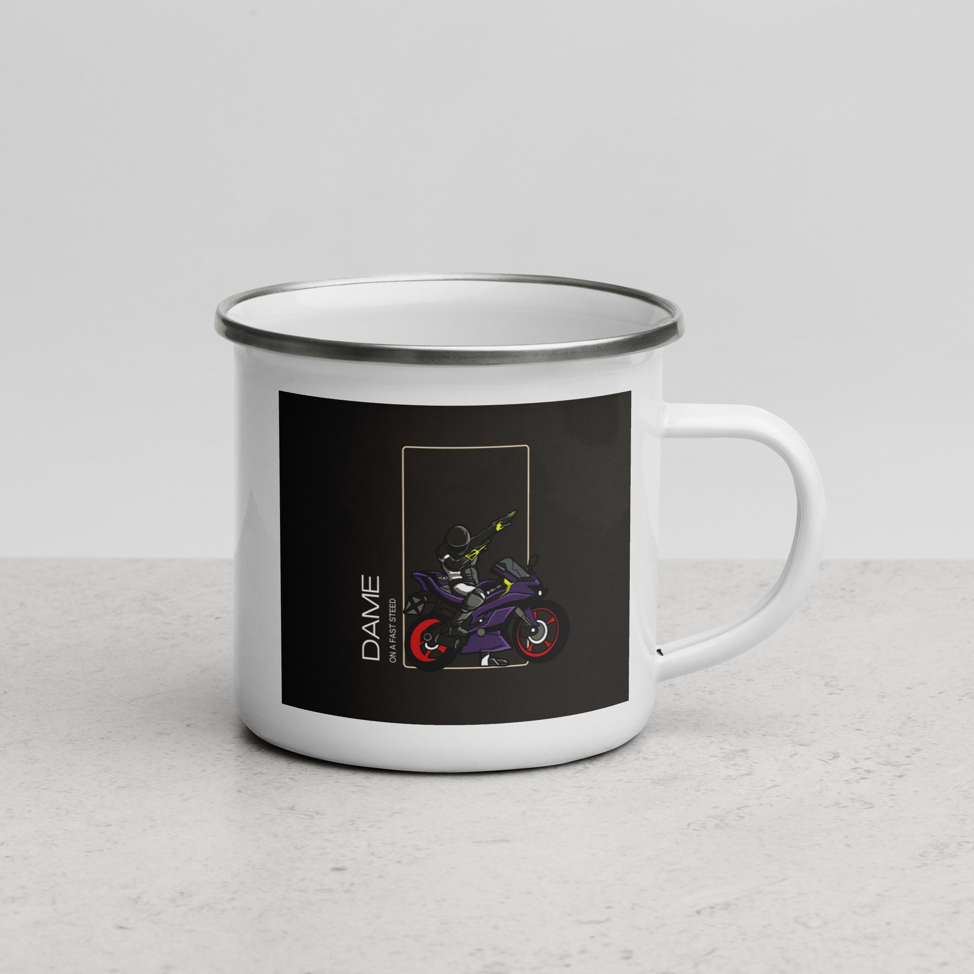White enamel motorcycle mug gift with black square design and purple motorcycle illustration